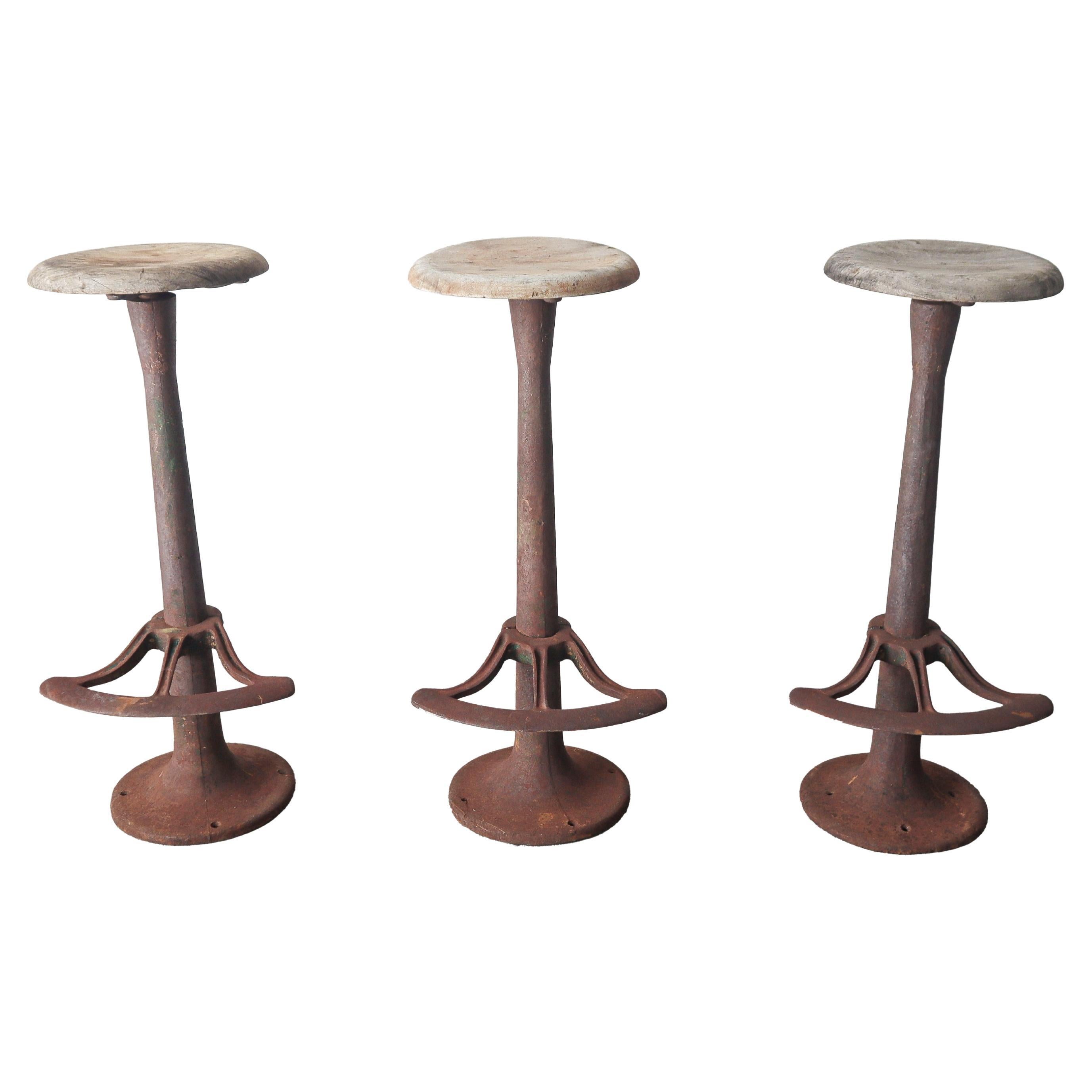Set of 3 Antique Industrial Swivel Barstools For Sale