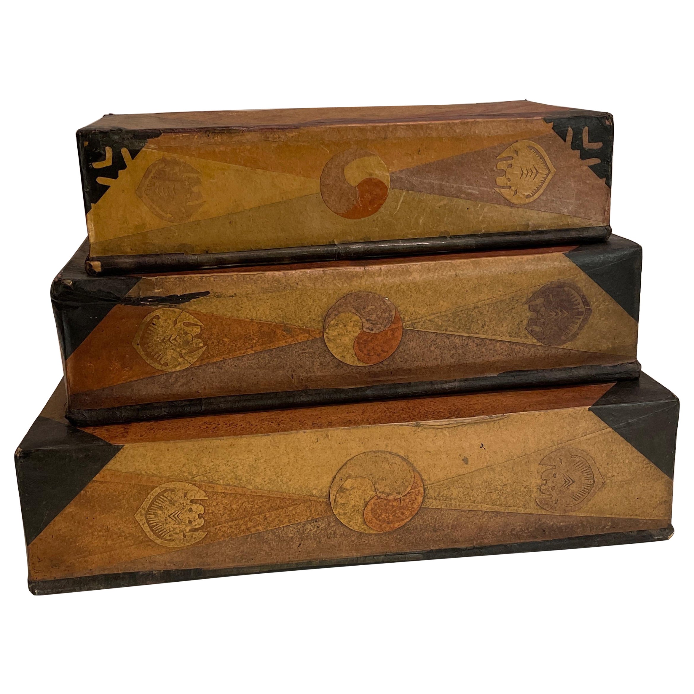 Set of 3 Antique Korean Papier Mâché Sewing Boxes