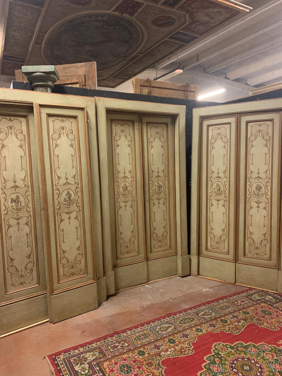 Set of 3 Antique Painted Double Doors with Original Frame, 18th Century Italy For Sale 3