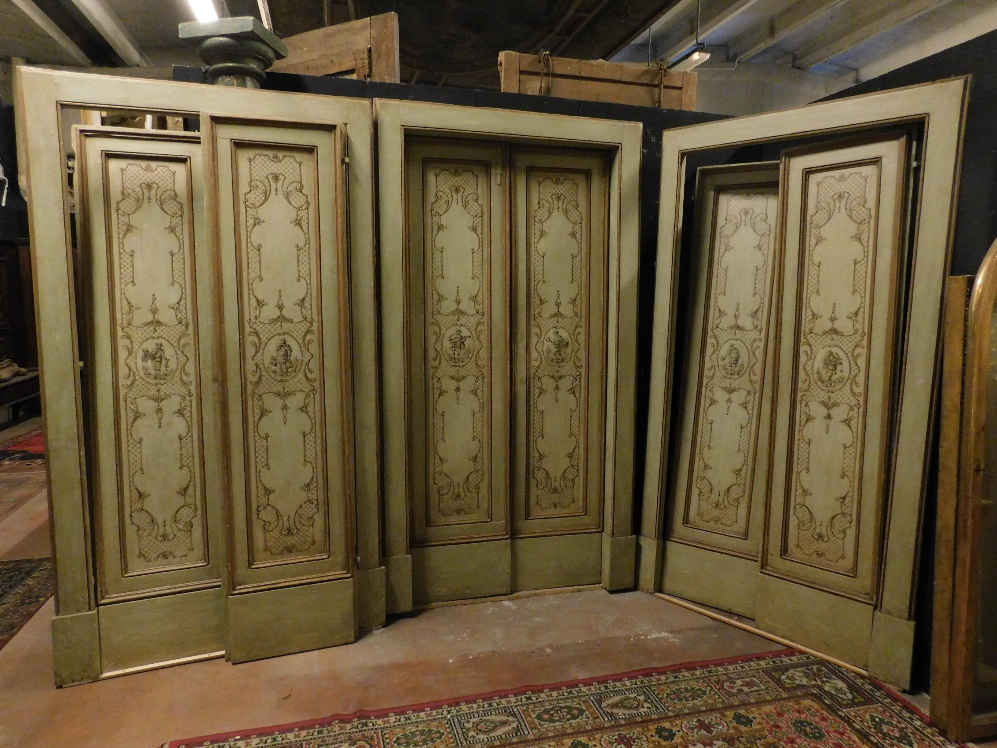 Set of 3 Antique Painted Double Doors with Original Frame, 18th Century Italy For Sale 4