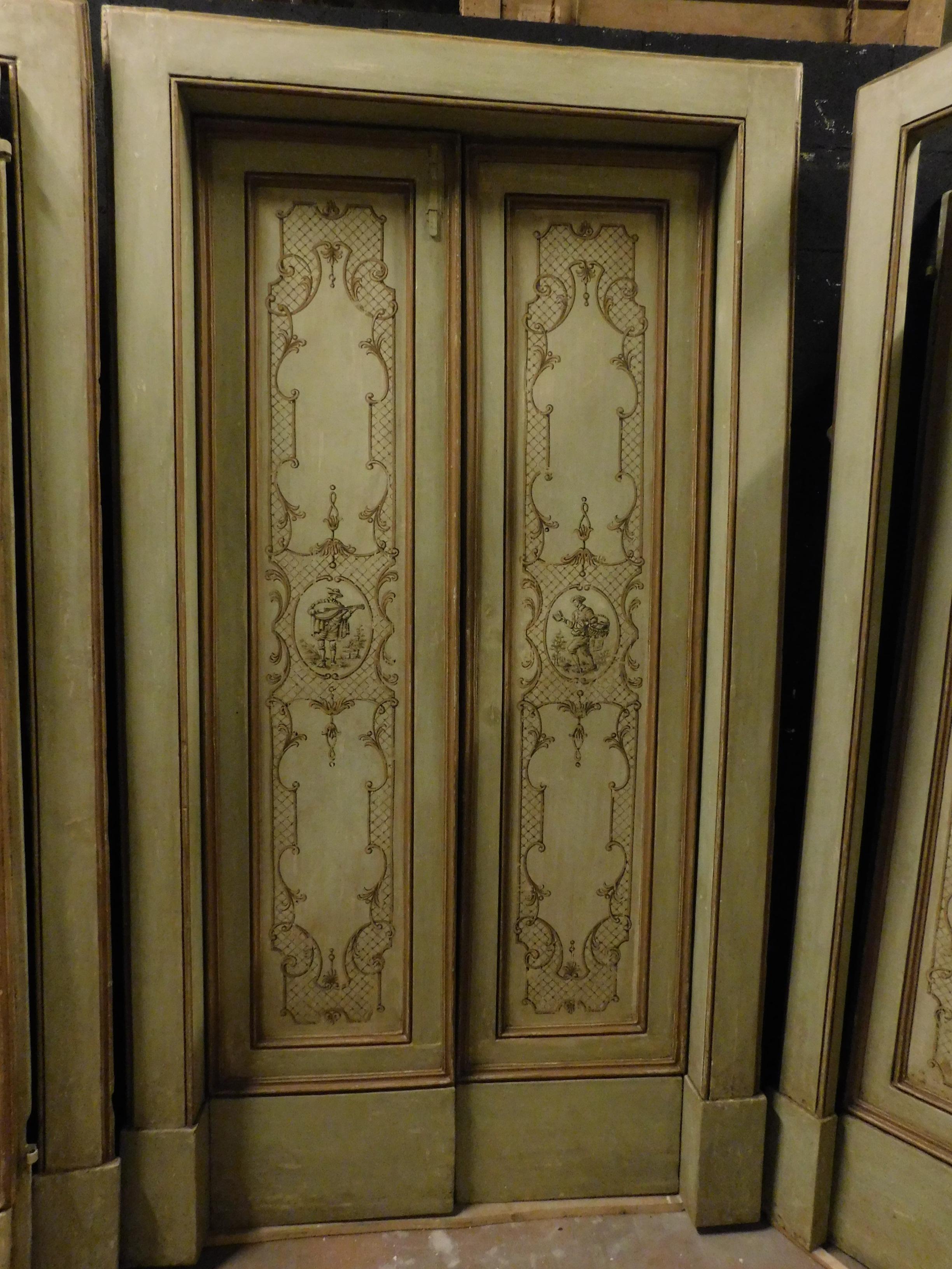 Set of 3 Antique Painted Double Doors with Original Frame, 18th Century Italy For Sale 5