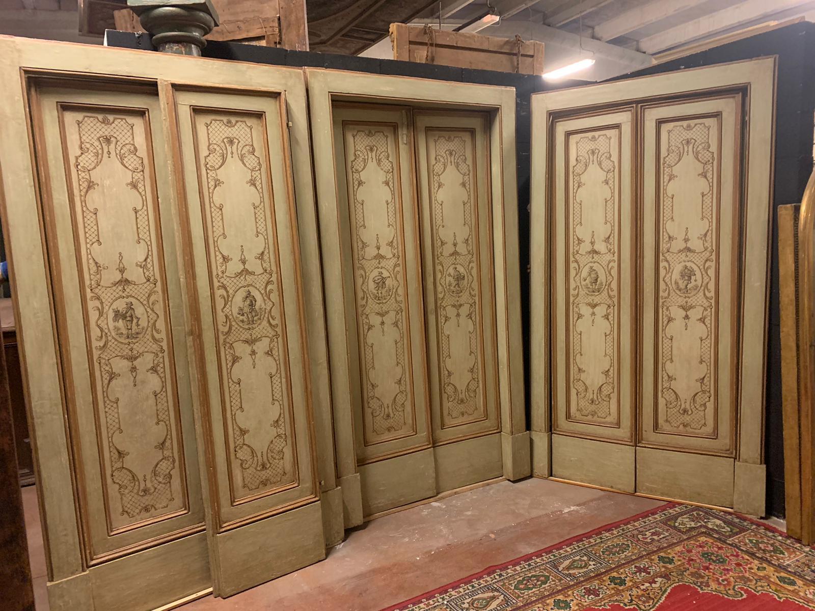 Set of 3 antique interior doors, double-winged and with original frame, lacquered and hand-painted with themes of the period, built entirely by hand in the 18th century, for an important building in Italy.
Beautiful and rare to find in sets of 3,