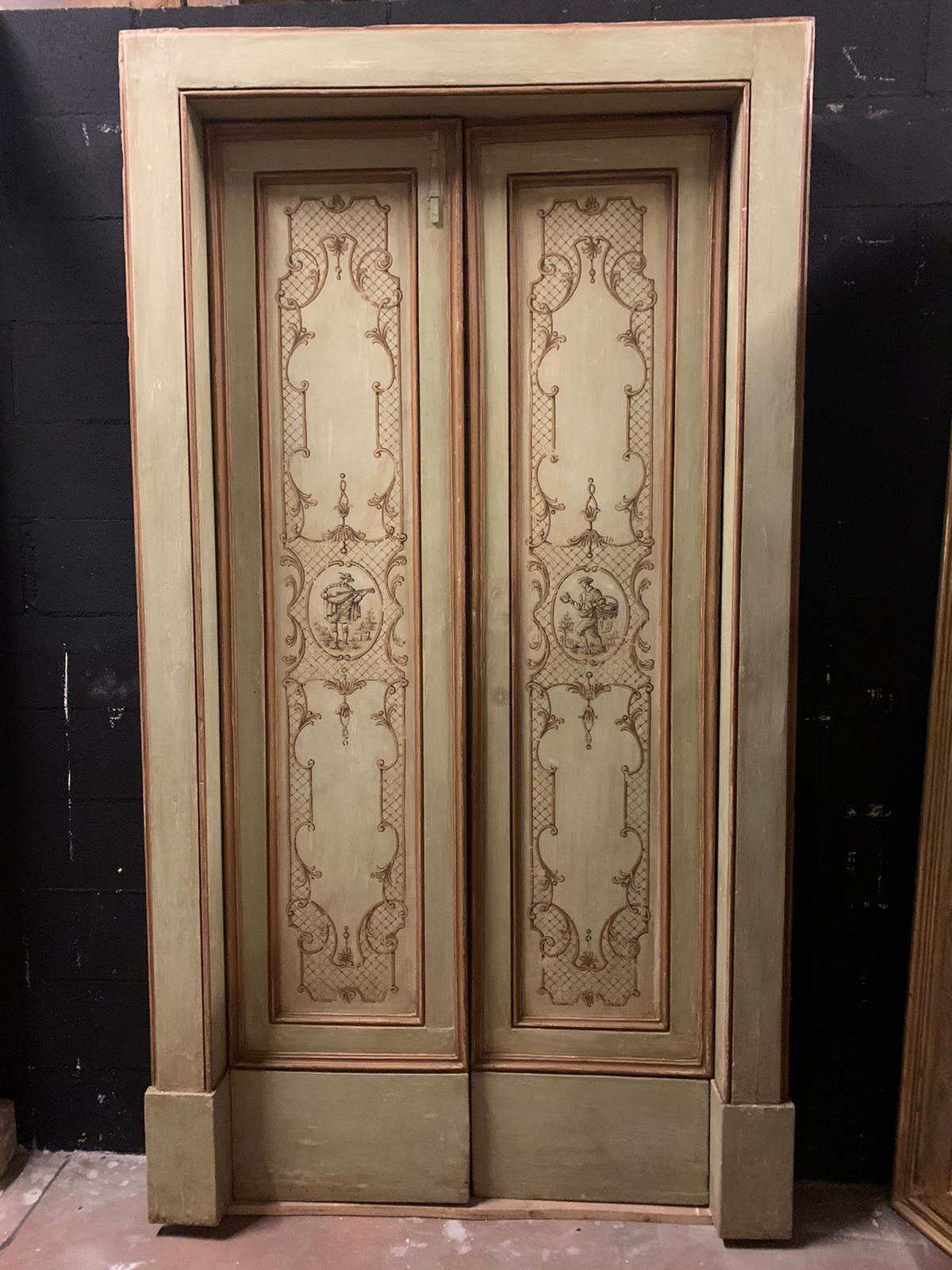 Italian Set of 3 Antique Painted Double Doors with Original Frame, 18th Century Italy For Sale