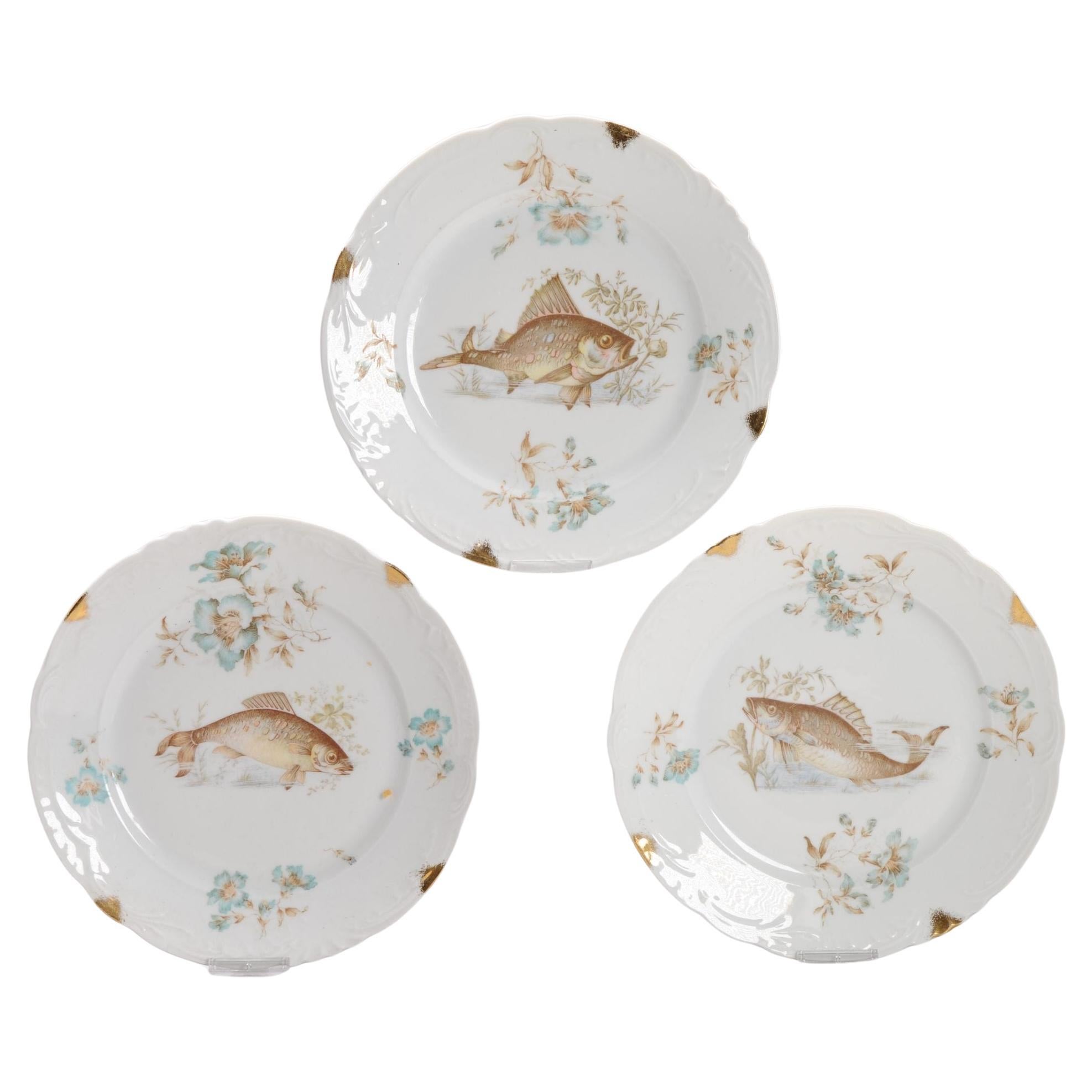 Juego de 3 Vajillas Antiguas de Porcelana Peces, Austria, Ca 1900