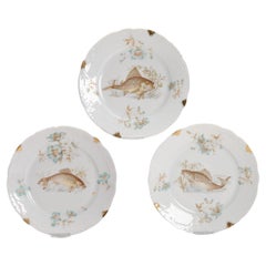 Set of 3 Antique Porcelain Dinner Dishes Fishes, Austria, Ca 1900