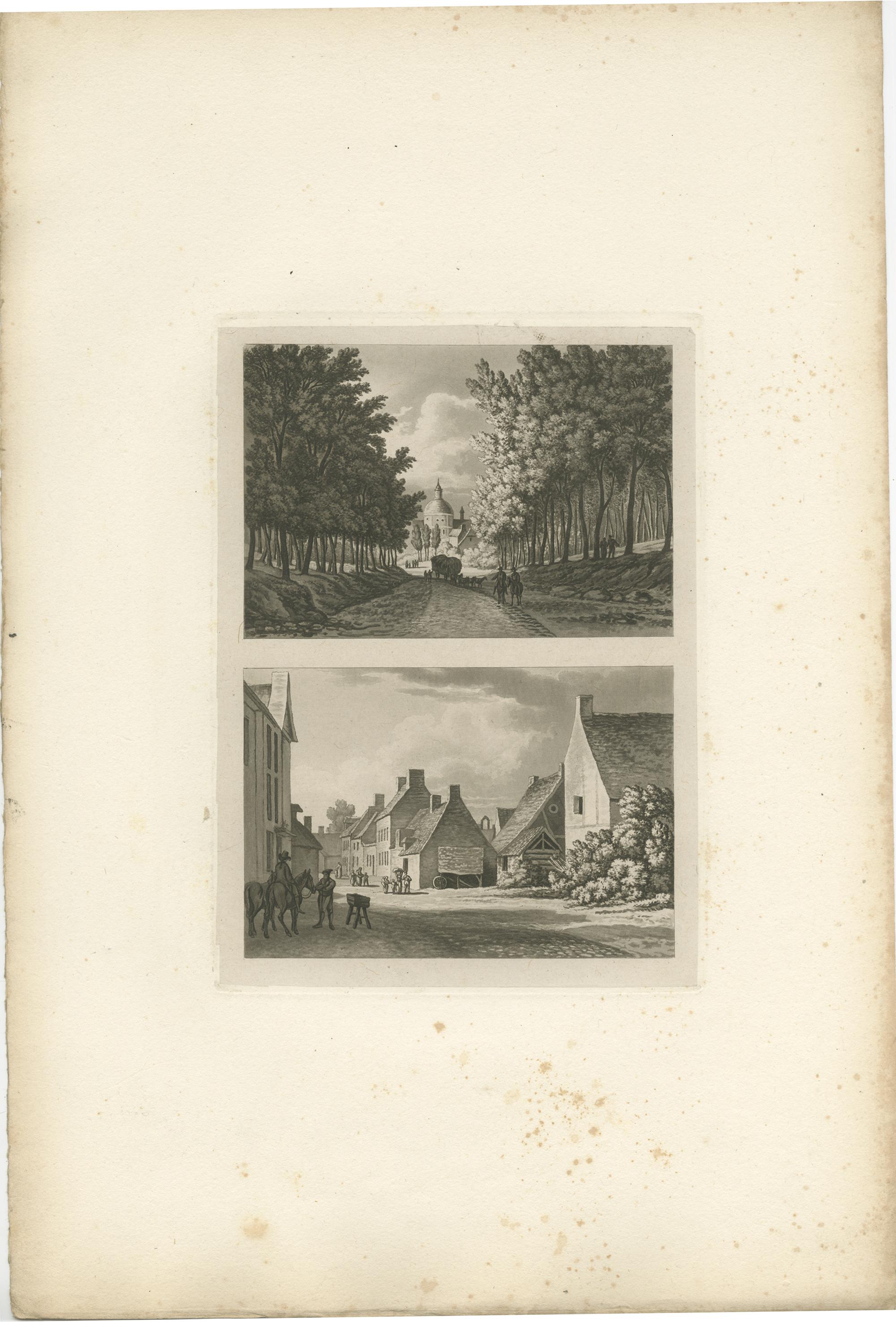 Conjunto de tres grabados antiguos con vistas de Flandes y Holanda. Publicado por o después de Robert Hills, hacia 1820.