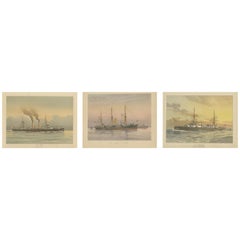 Set of 3 Antique Prints of HMS Ships by Rathbone, circa 1890