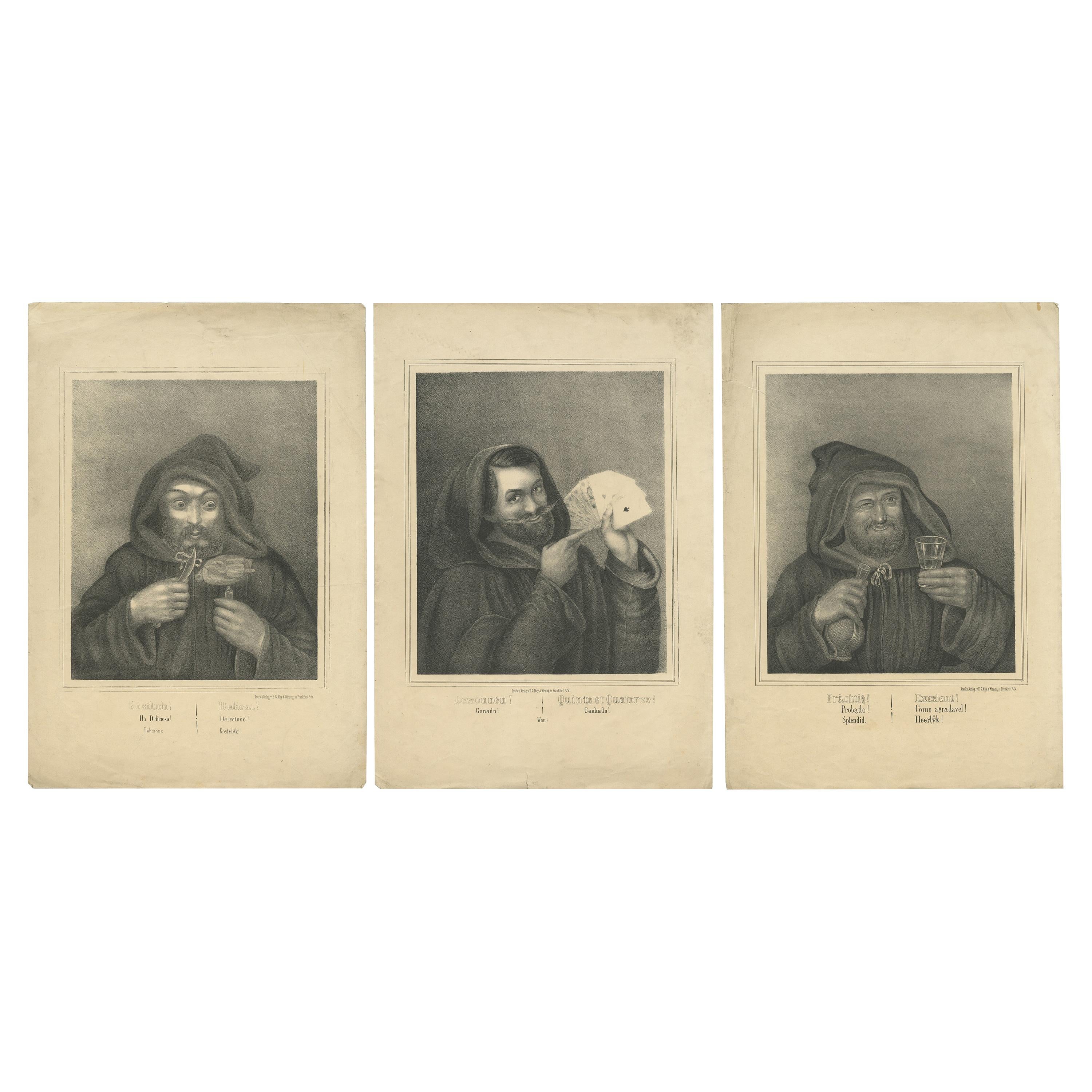 Set of 3 Antique Prints of Monks committing Sins by May & Wirsing, 'c.1850' For Sale