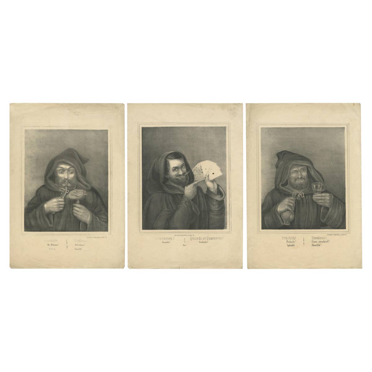 Set of 3 Antique Prints of Monks committing Sins by May & Wirsing, 'c.1850'