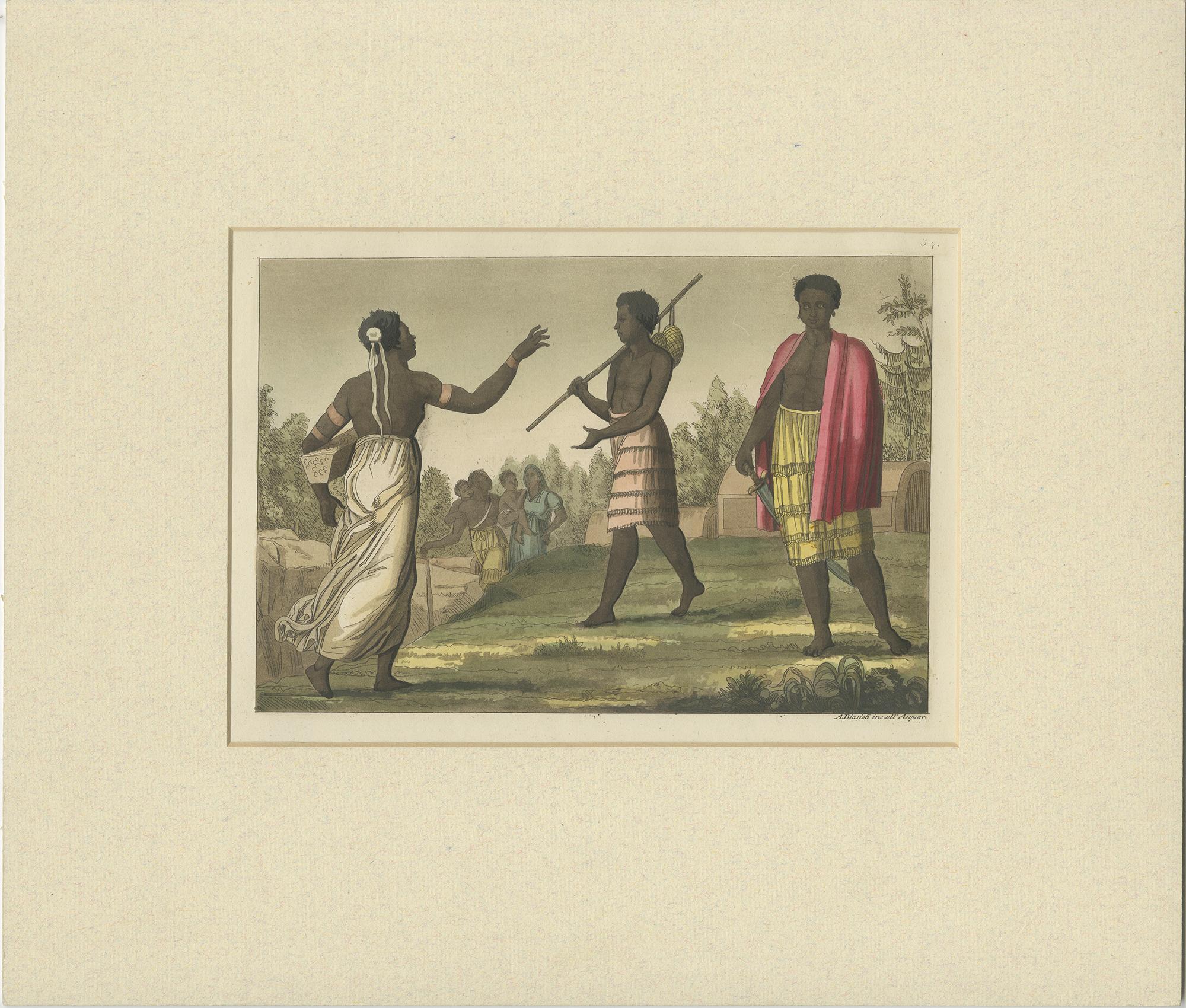 Set of three antique prints with natives of Africa. These prints originate from 'Il costume antico e moderno di tutti i popoli dell' Africa' by G. Ferrario. Published 1819.
