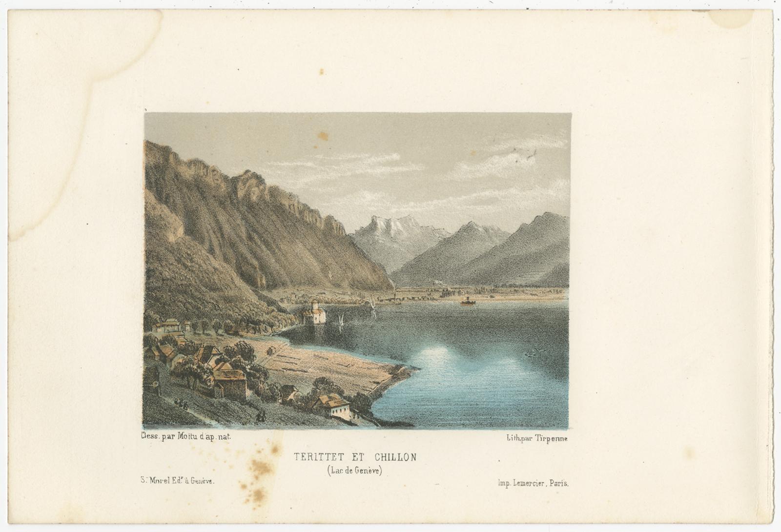 Set of 3 Antique Prints of Switzerland, Chillon, by Morel 'circa 1850' In Fair Condition For Sale In Langweer, NL