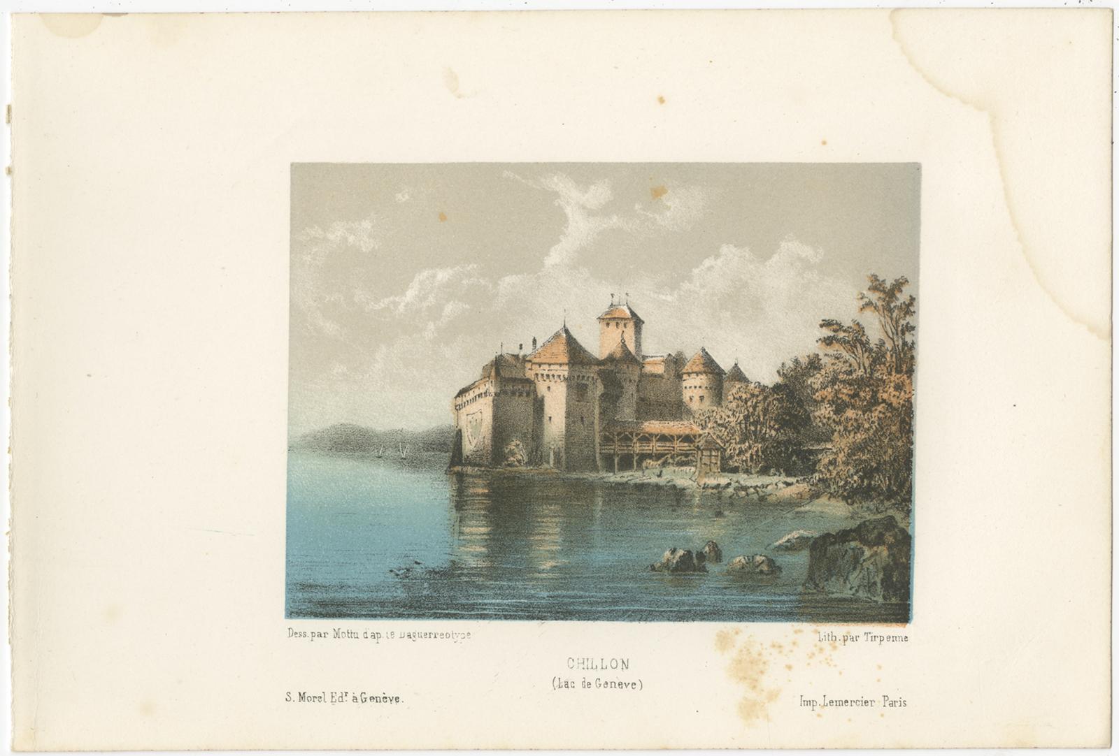 Satz von 3 antiken Drucken der Schweiz, Chillon, von Morel 'circa 1850'. (19. Jahrhundert) im Angebot