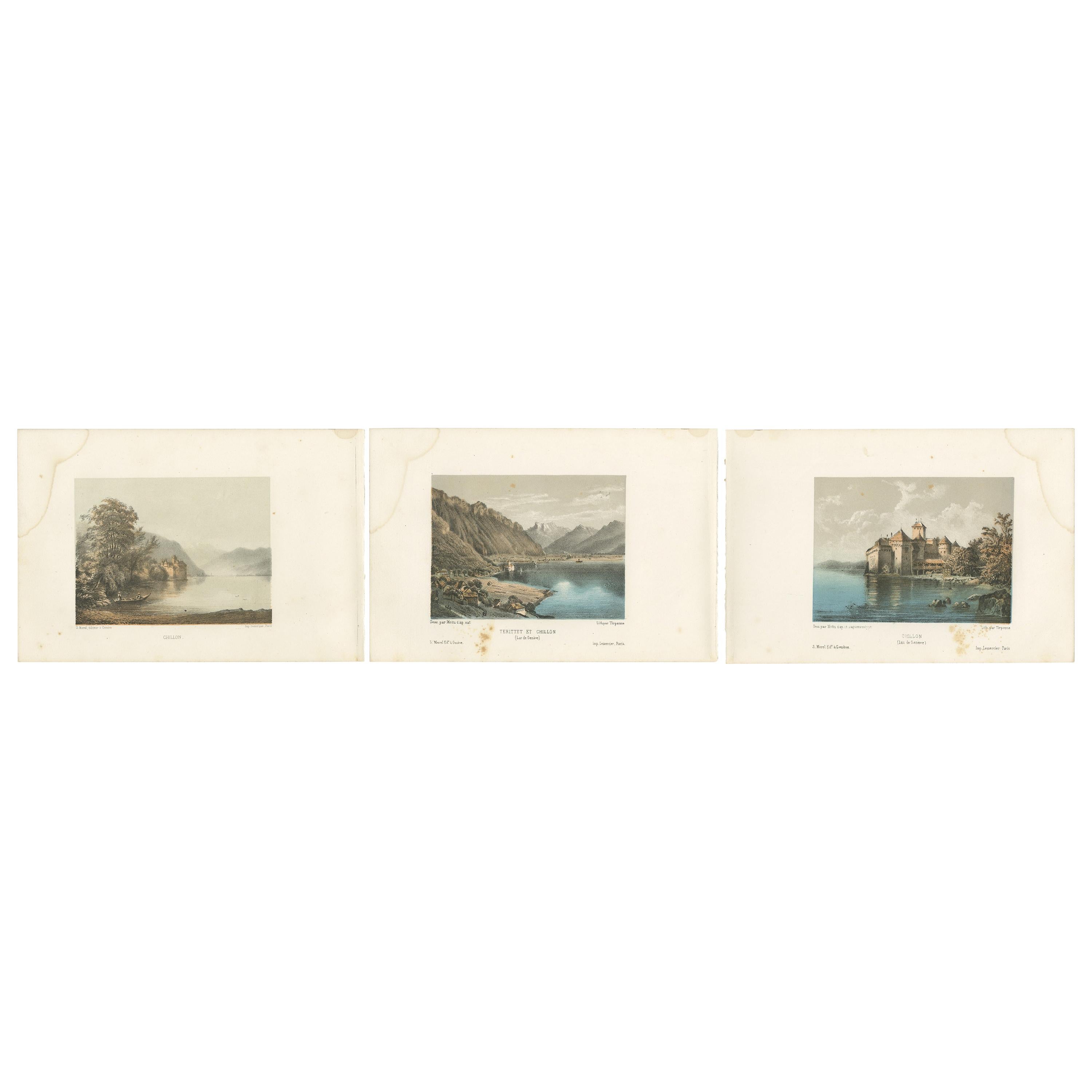 Set of 3 Antique Prints of Switzerland, Chillon, by Morel 'circa 1850' For Sale