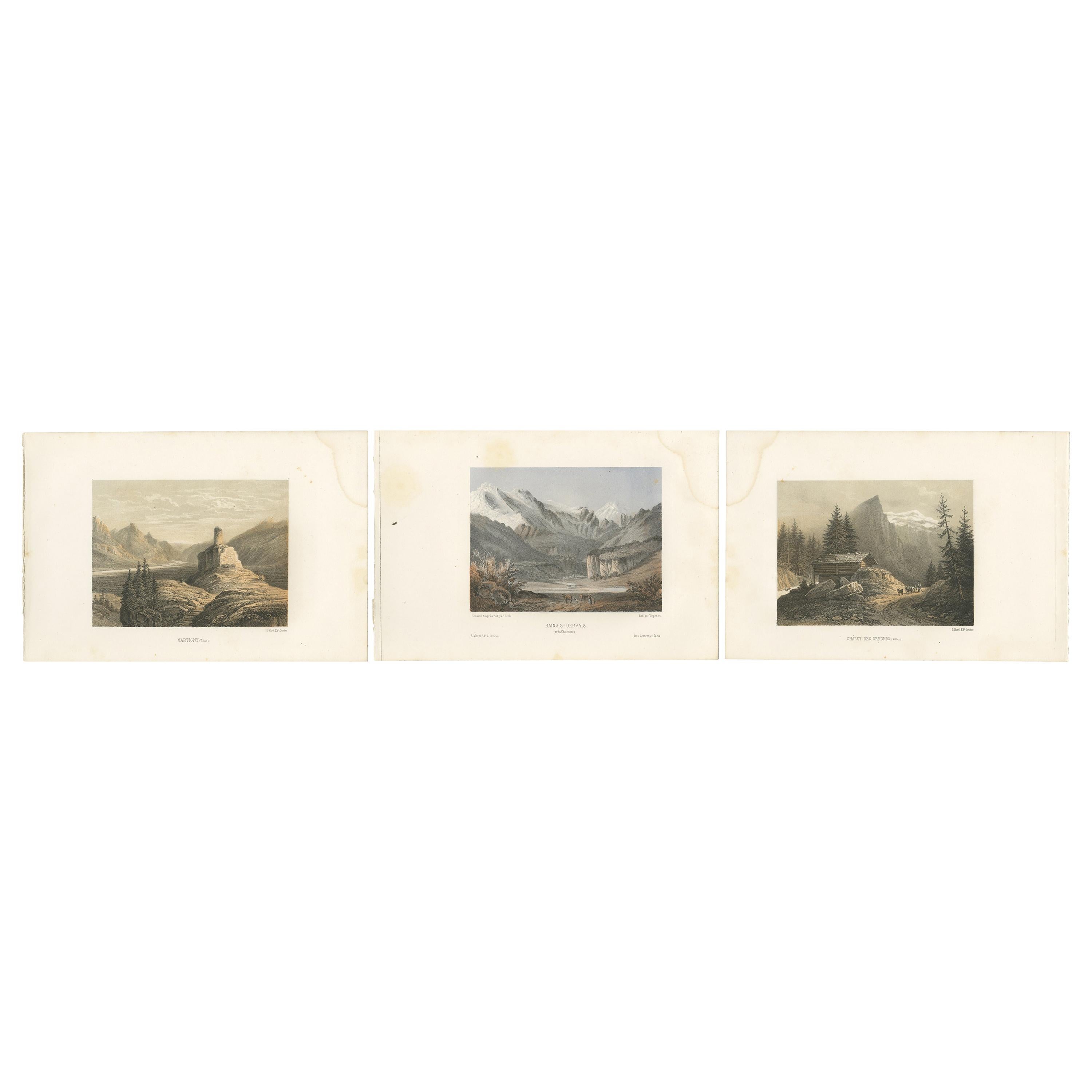 Set of 3 Antique Prints of Switzerland, Valais, by Morel, circa 1850