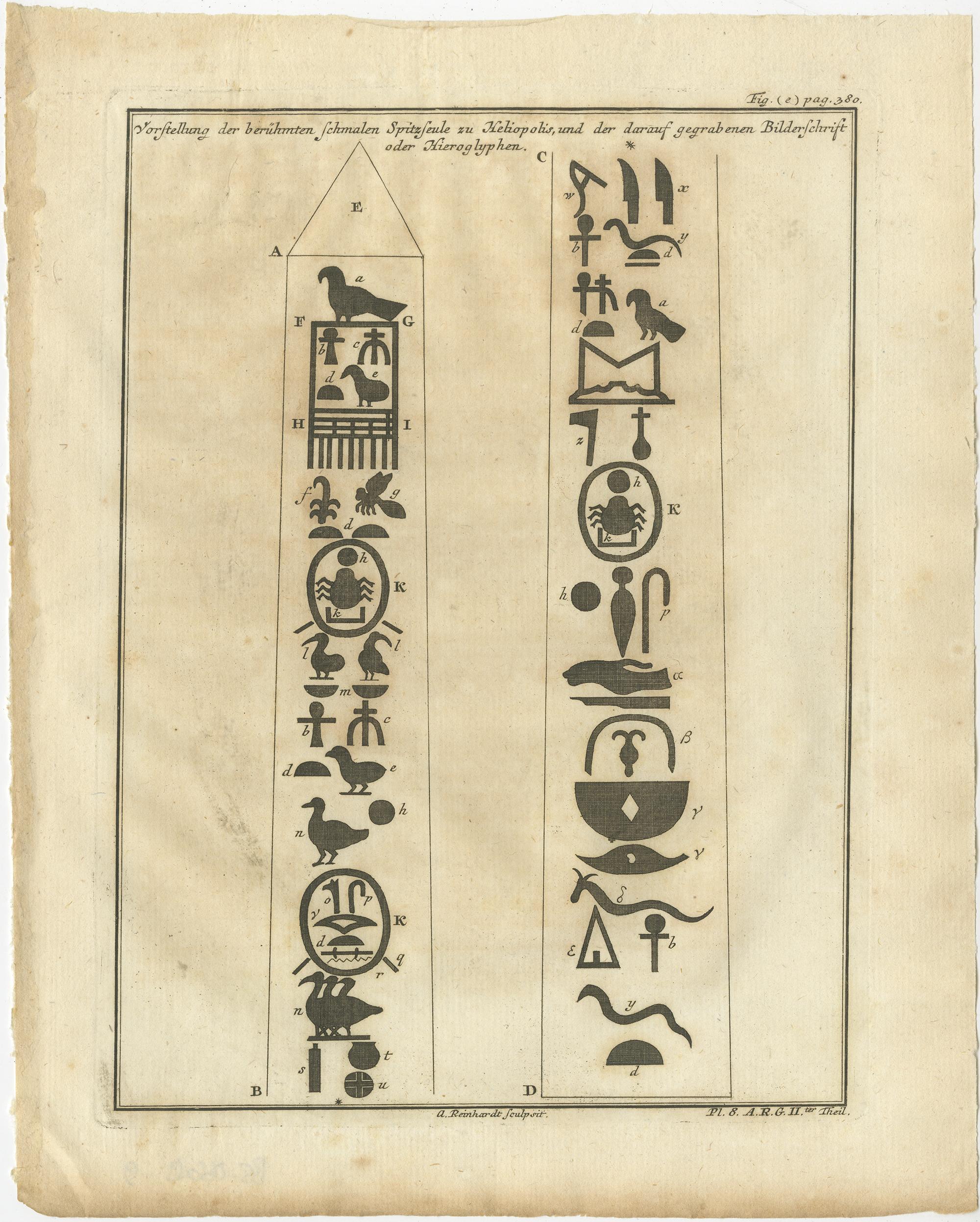 Engraved Set of 3 Original Antique Prints of the Column in Heliopolis and Hyroglyphs  For Sale