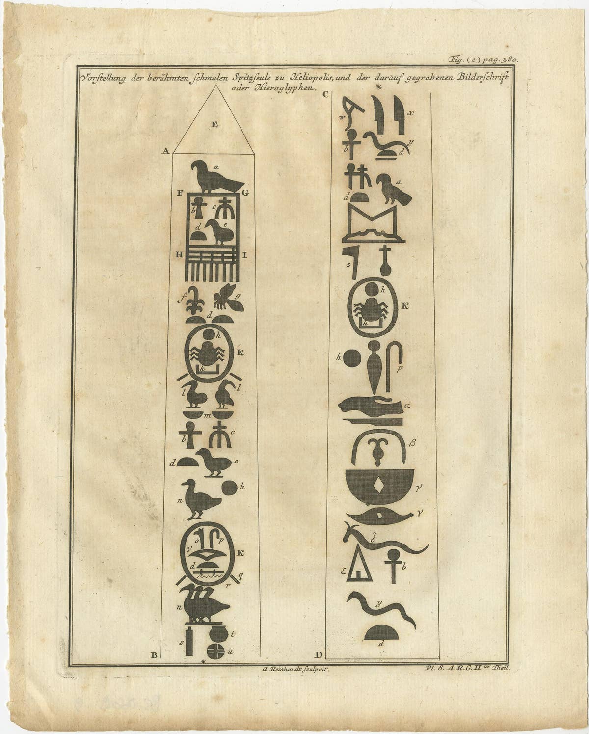 Set of 3 Original Antique Prints of the Column in Heliopolis and Hyroglyphs