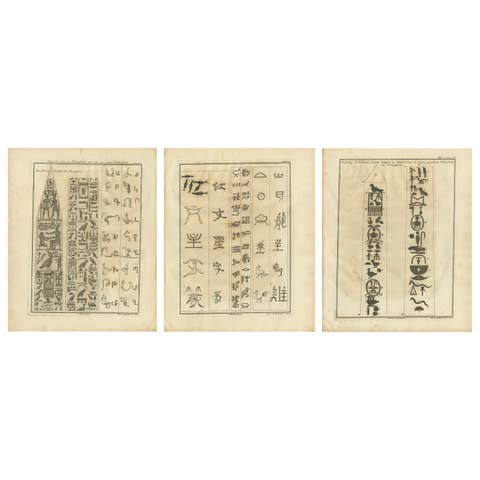 Set of 3 Original Antique Prints of the Column in Heliopolis and Hyroglyphs
