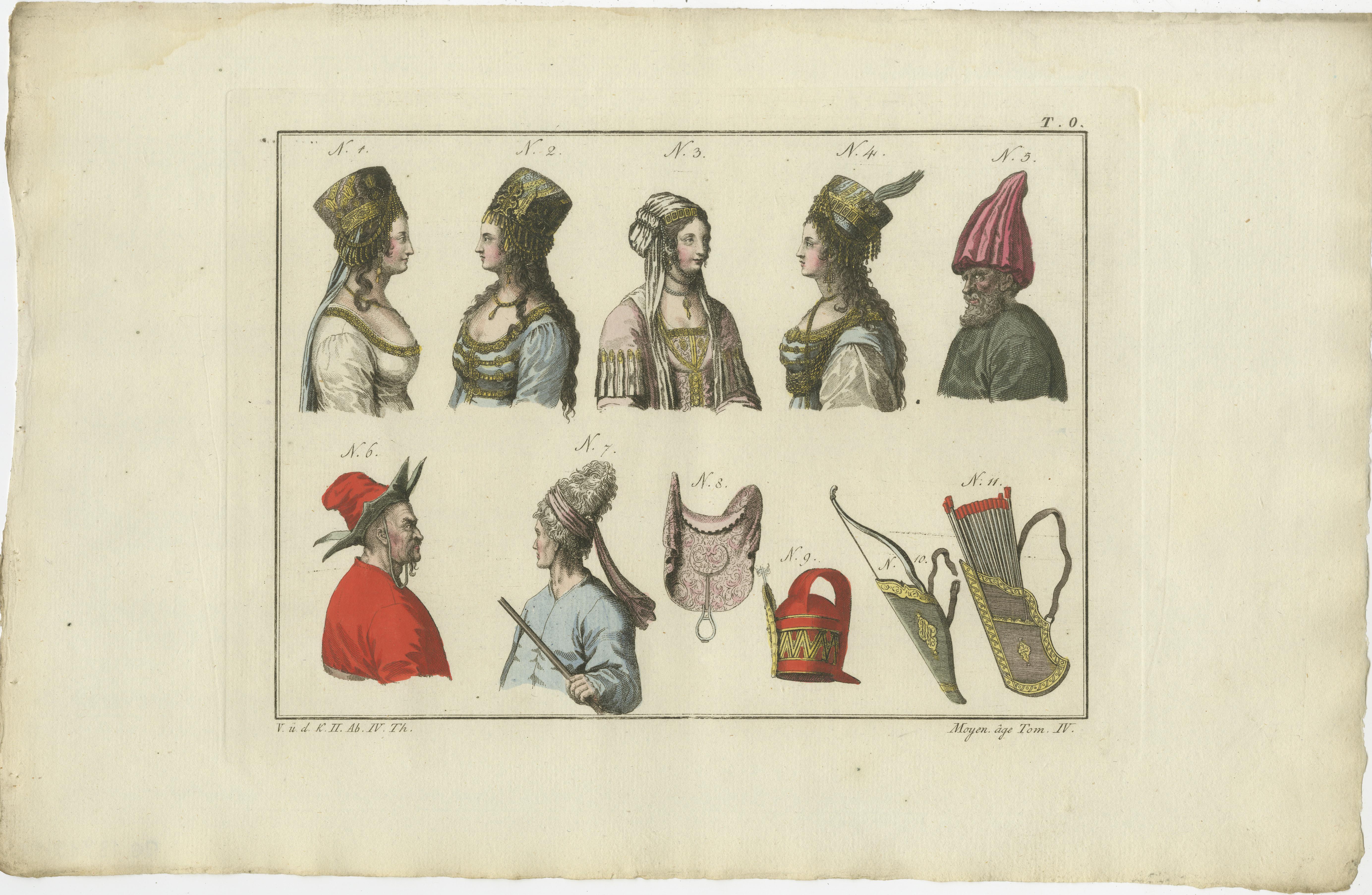 Set of 3 Antique Prints of Turkish Costumes and Utensils in the Middle Ages In Good Condition For Sale In Langweer, NL