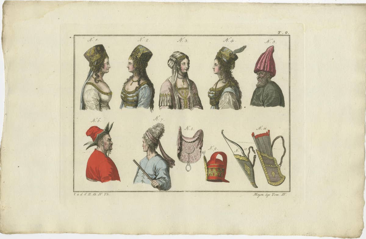 Set of 3 Antique Prints of Turkish Costumes & Utensils in the Middle Ages, 1810