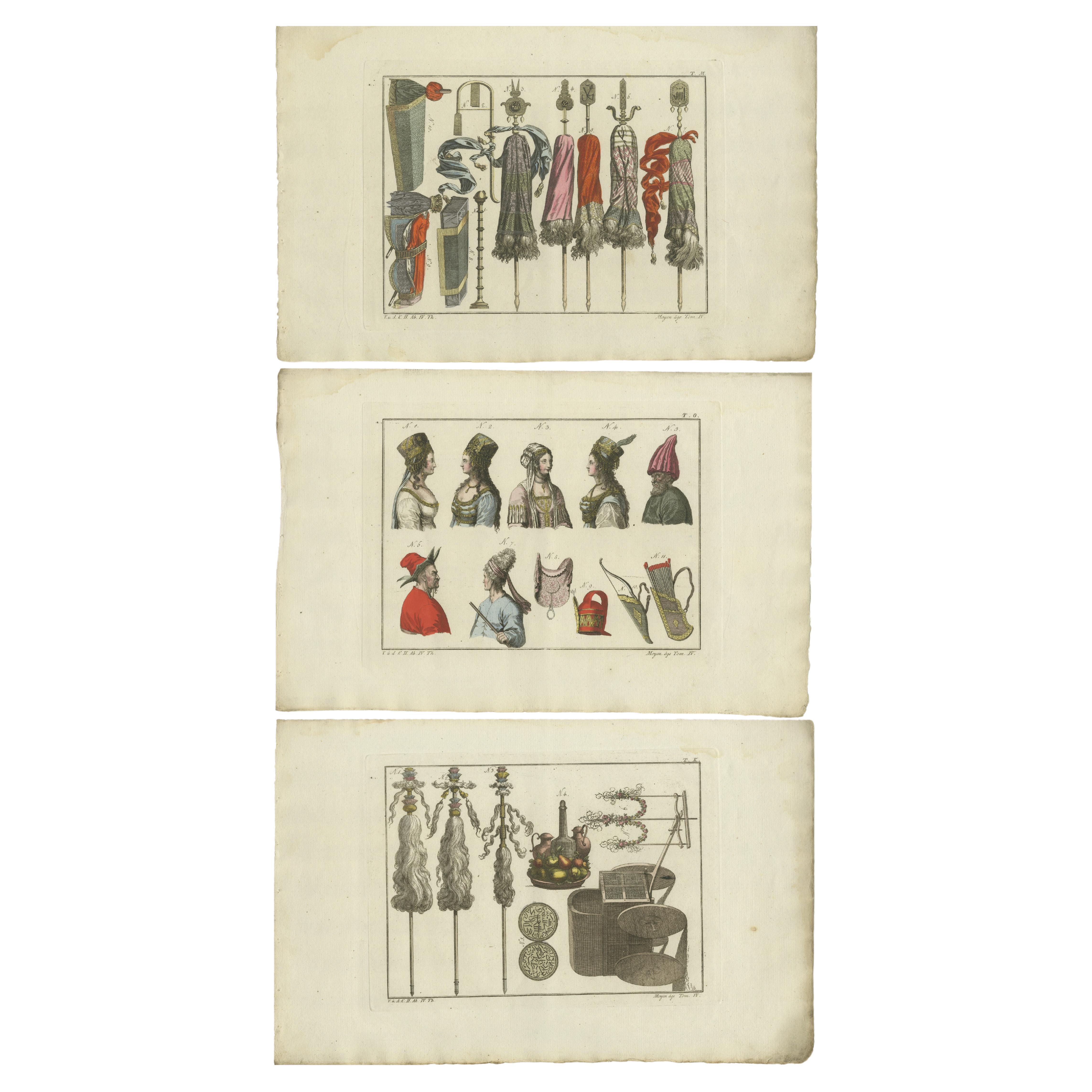 Set of 3 Antique Prints of Turkish Costumes and Utensils in the Middle Ages For Sale