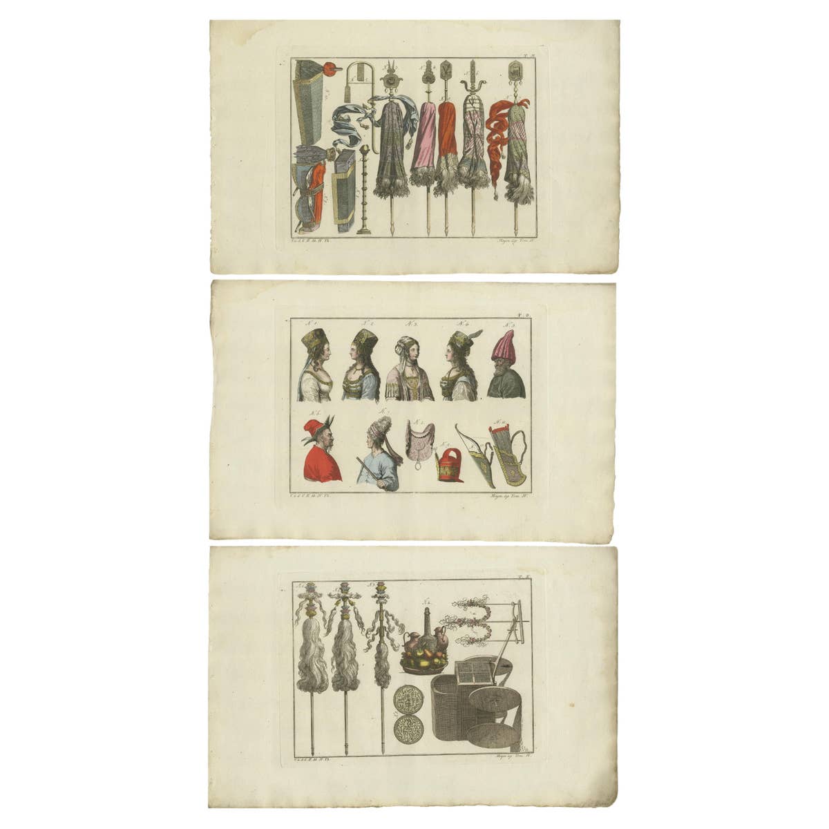 Set of 3 Antique Prints of Turkish Costumes & Utensils in the Middle Ages, 1810