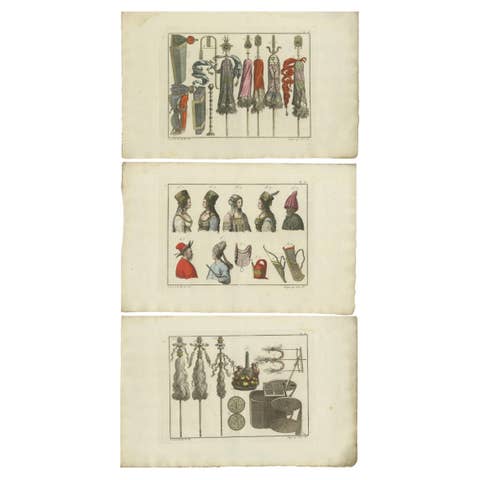 Set of 3 Antique Prints of Turkish Costumes & Utensils in the Middle Ages, 1810