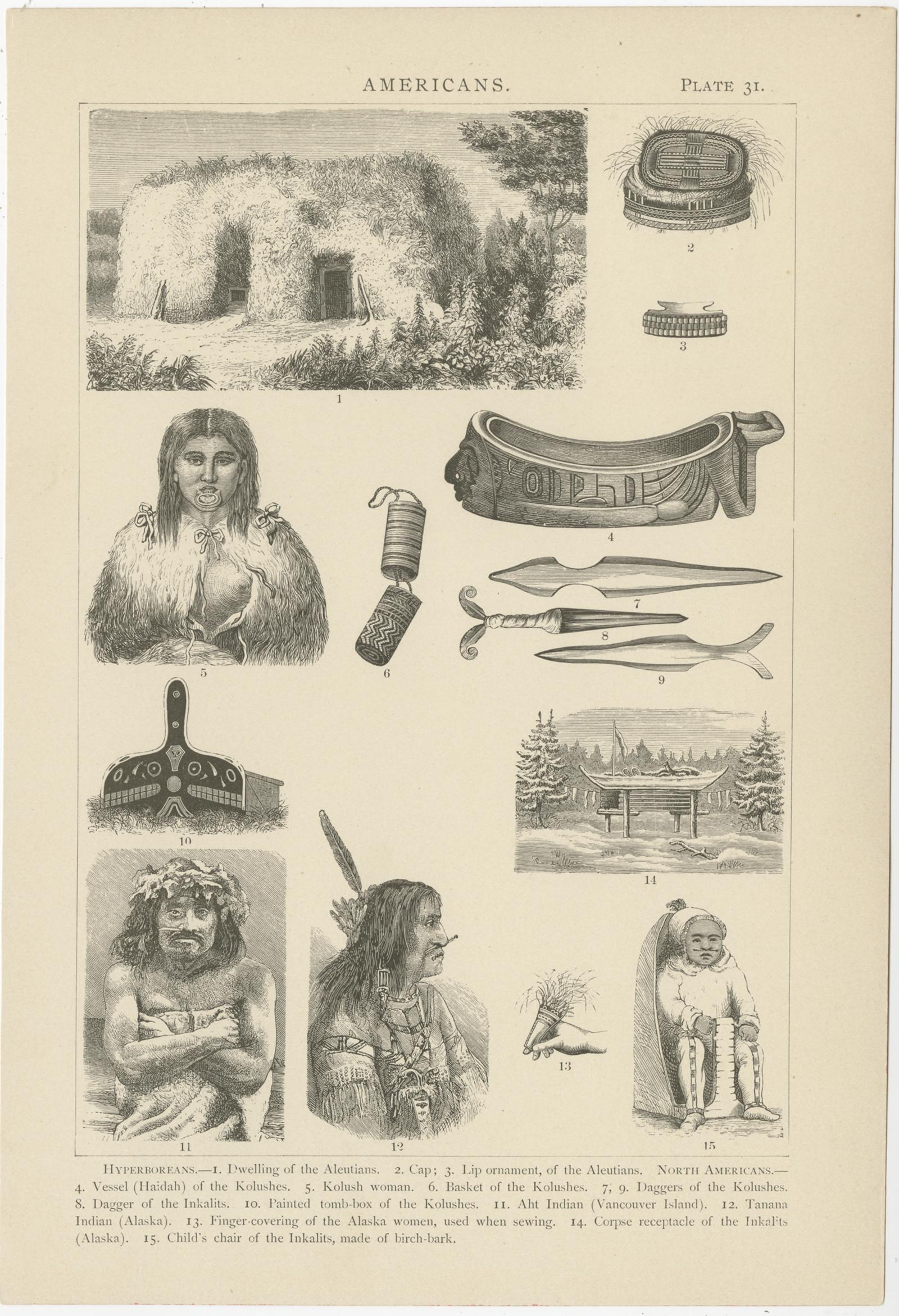 Ensemble de trois gravures anciennes représentant diverses scènes, personnages et objets du Canada, de l'Alaska et d'autres régions d'Amérique du Nord. Ces impressions proviennent de l'