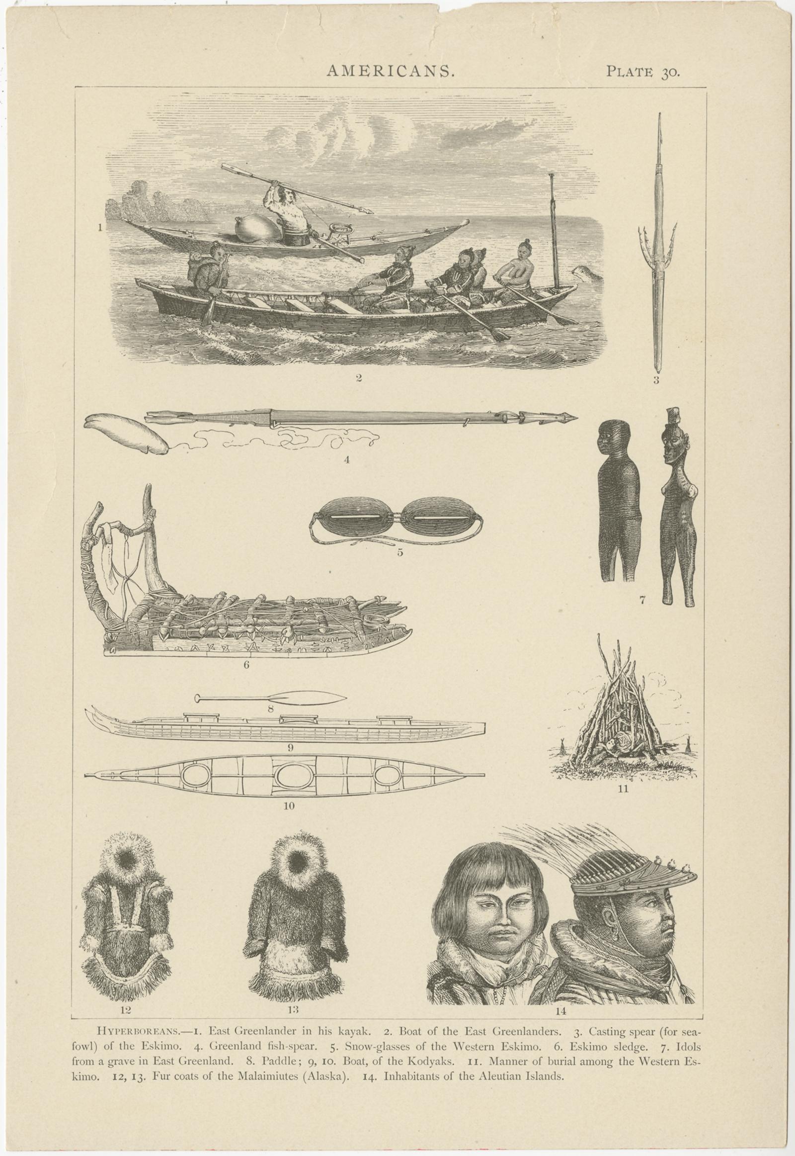 XIXe siècle Ensemble de 3 estampes anciennes de personnages et d'objets divers du Canada et de l'Alaska en vente