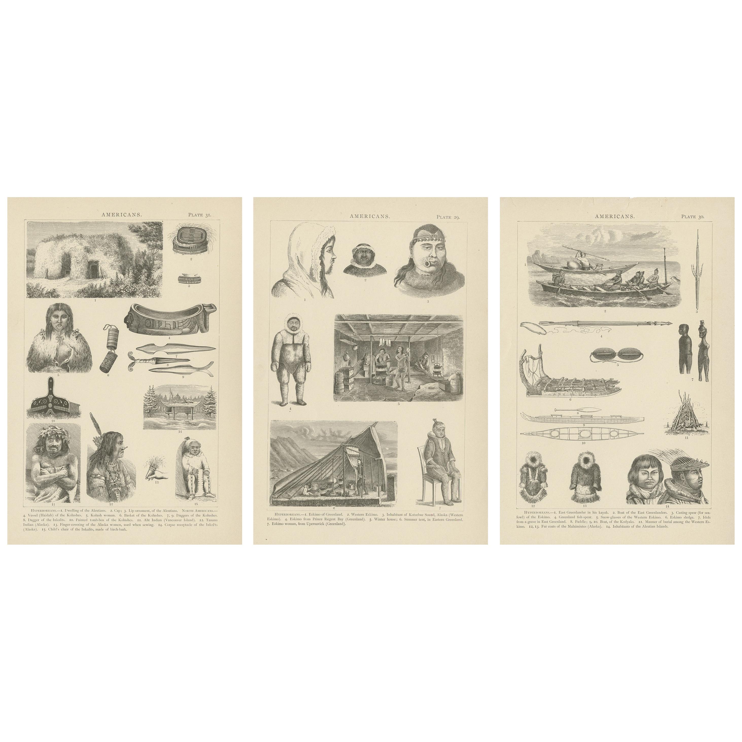 Set von 3 antiken Drucken verschiedener Figuren und Objekte aus Kanada und Alaska