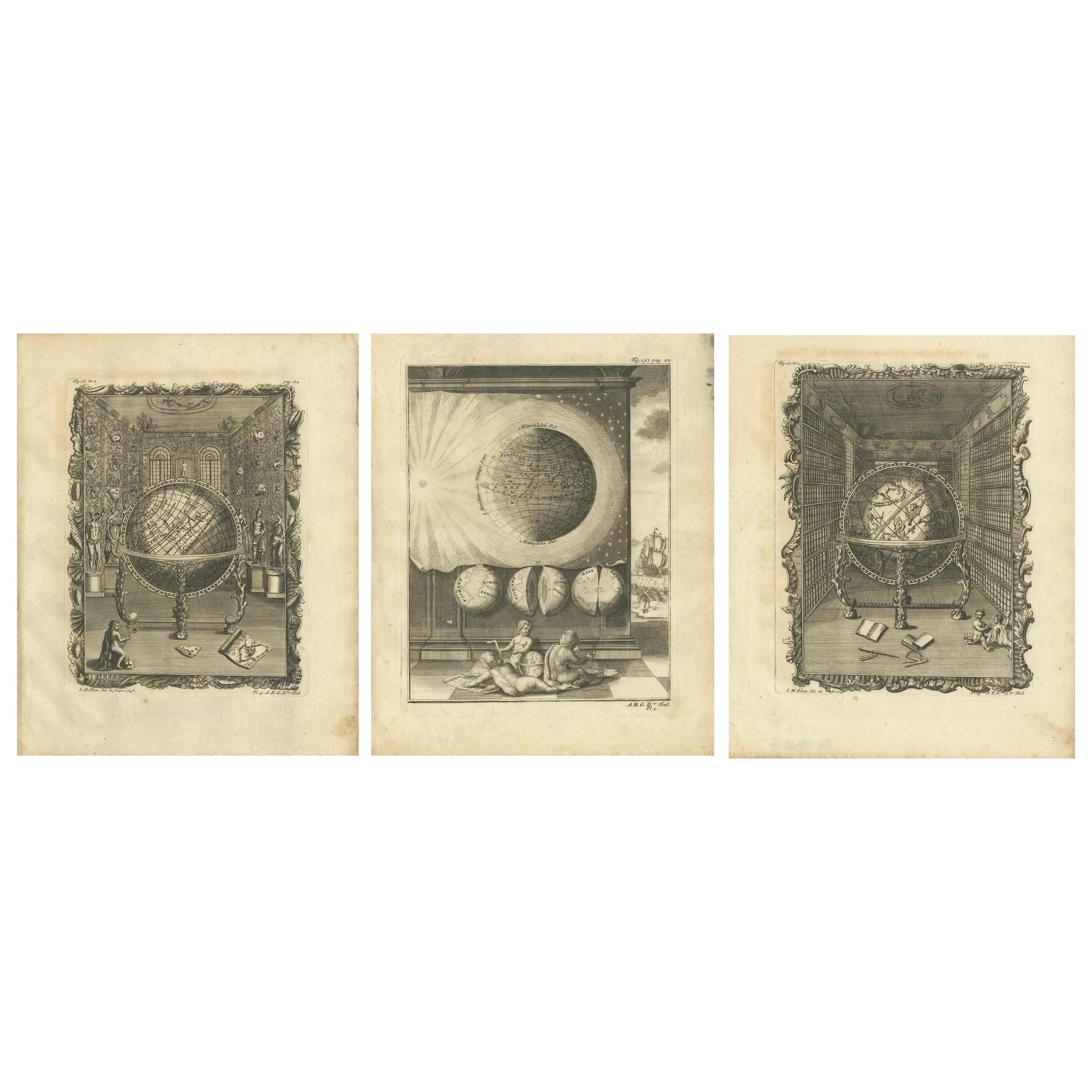 Set of 3 Antique Prints of Various Globes and Hemispheres by Van Dùren, 1749 For Sale