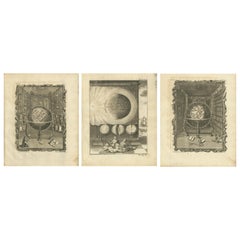 Ensemble de 3 estampes anciennes de globes et d'hémisphères divers par Van Dren, 1749