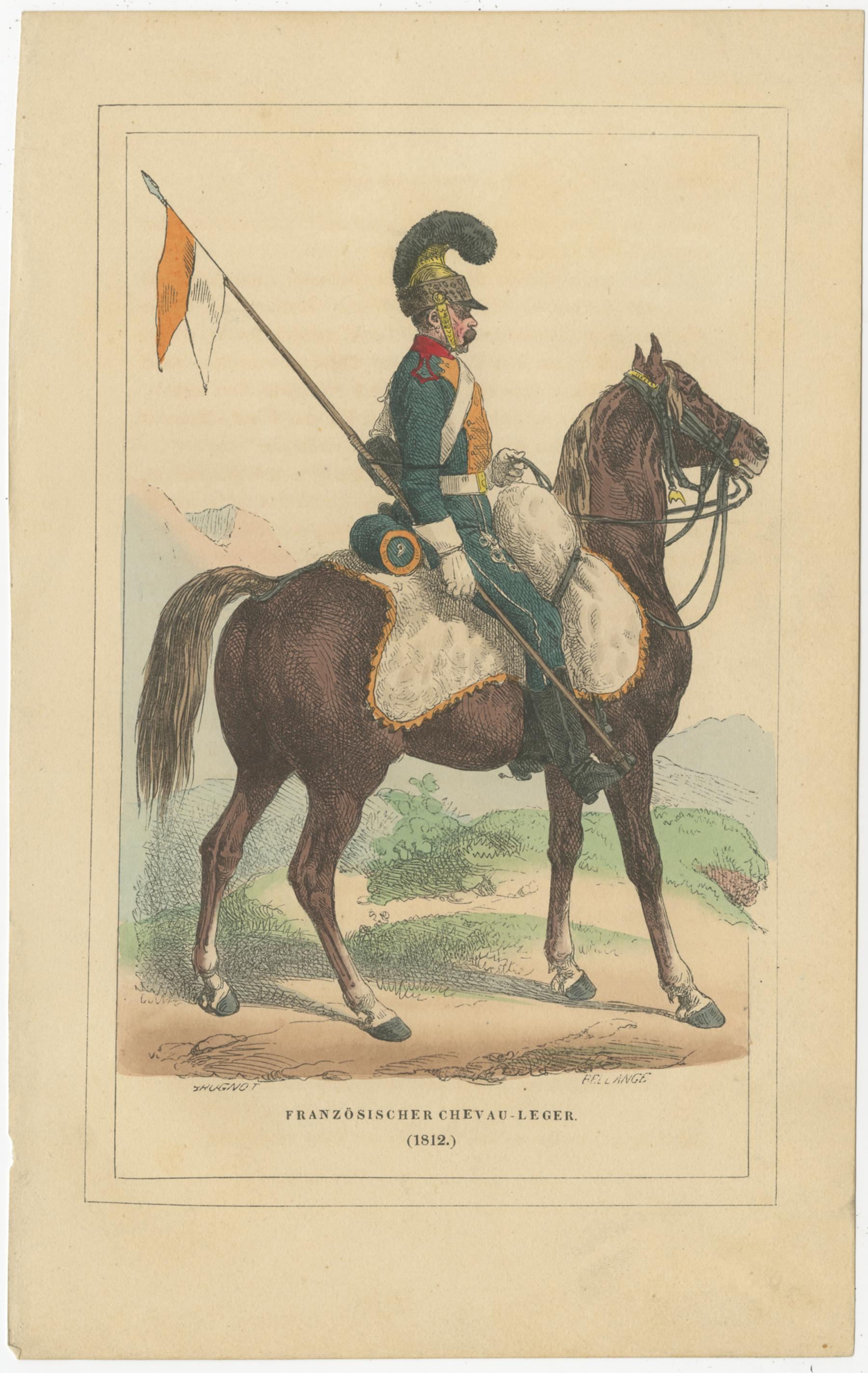 Set of three antique prints illustrating various soldiers titled:

1) Französischen Chevau-Leger (1812)
2) Kaiserliche Garde Grendière (3tes, holländisches, Regiment)
3) Husar (1809)

These prints originate from the work titled 'Die Soldaten