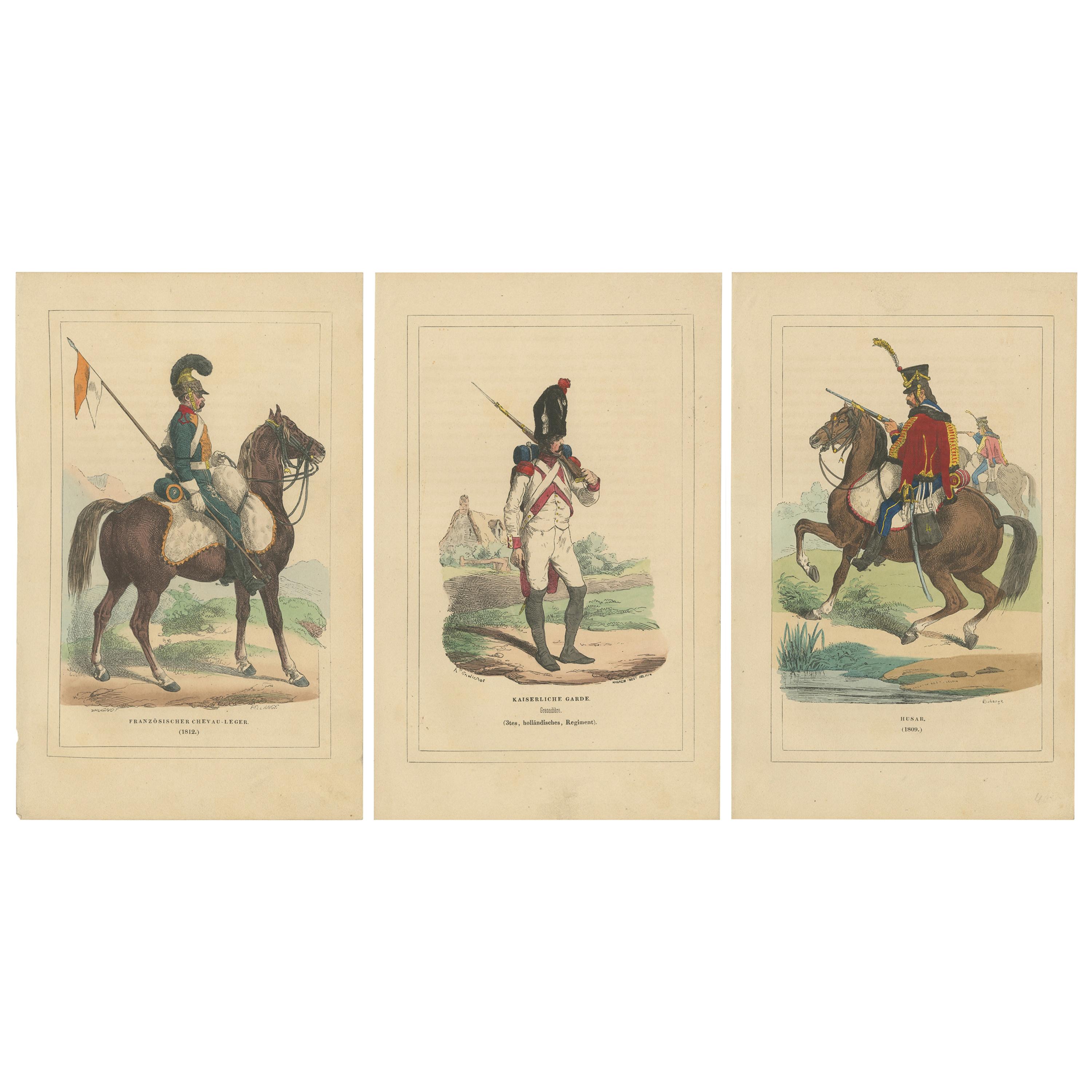 Ensemble de 3 estampes anciennes de différents soldats par Weber, '1843'