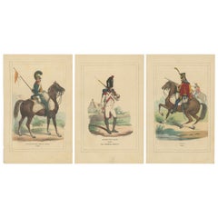 Set di 3 stampe antiche di vari soldati di Weber, "1843