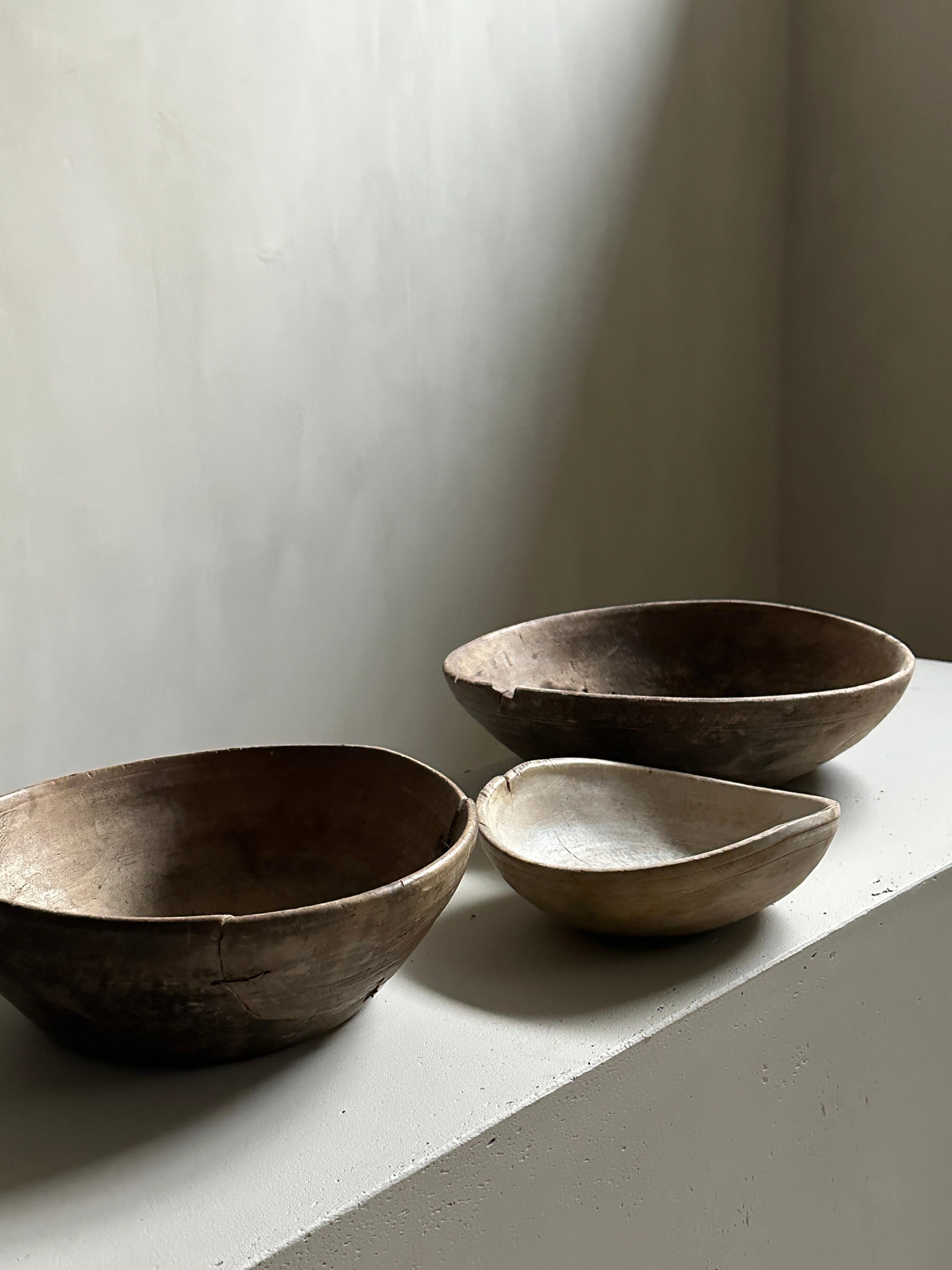 Romantic Set of 3 Antique Root Bowls, Wabi Sabi Style, Scandinavia, 1800s For Sale