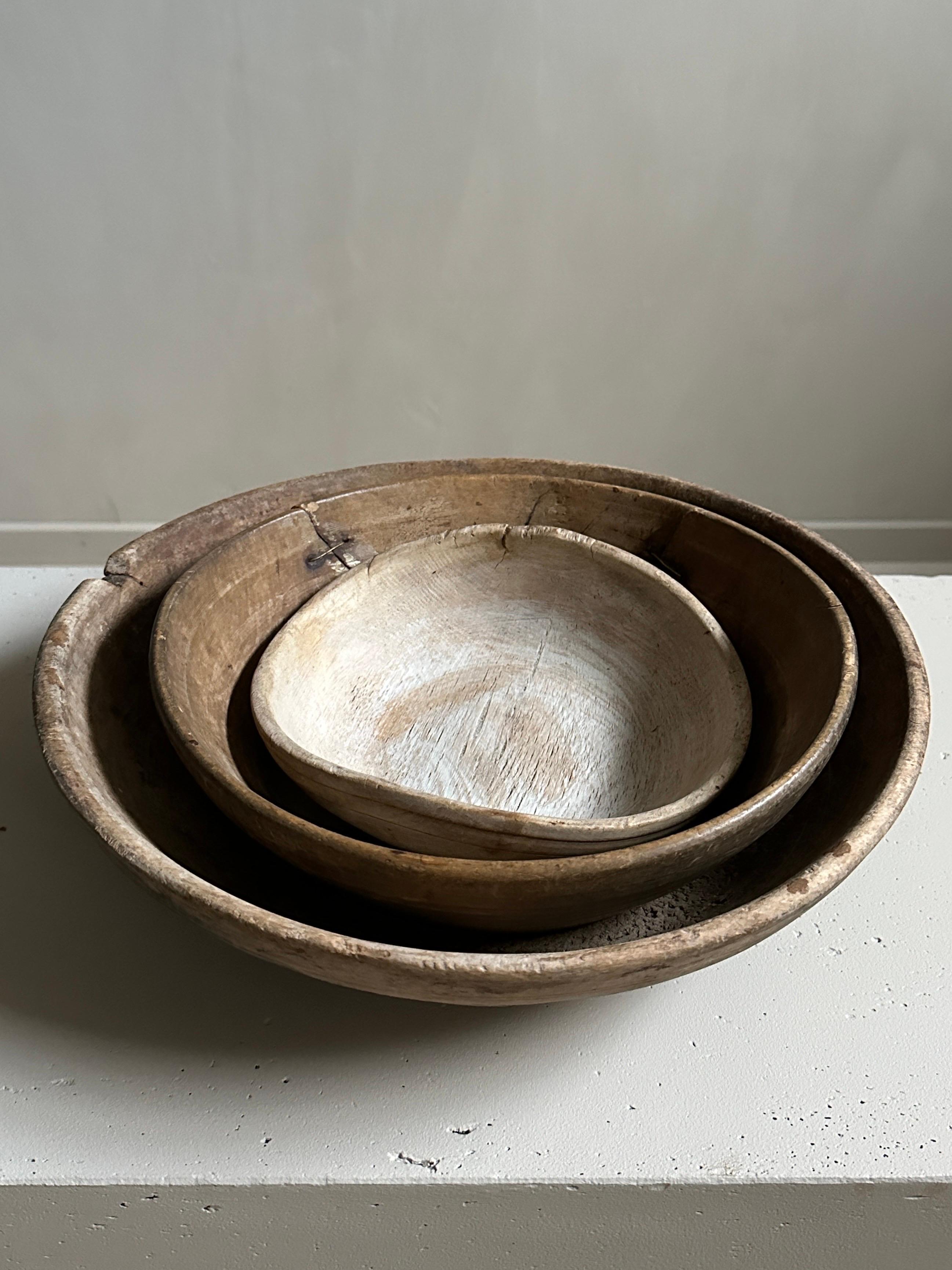 Wood Set of 3 Antique Root Bowls, Wabi Sabi Style, Scandinavia, 1800s
