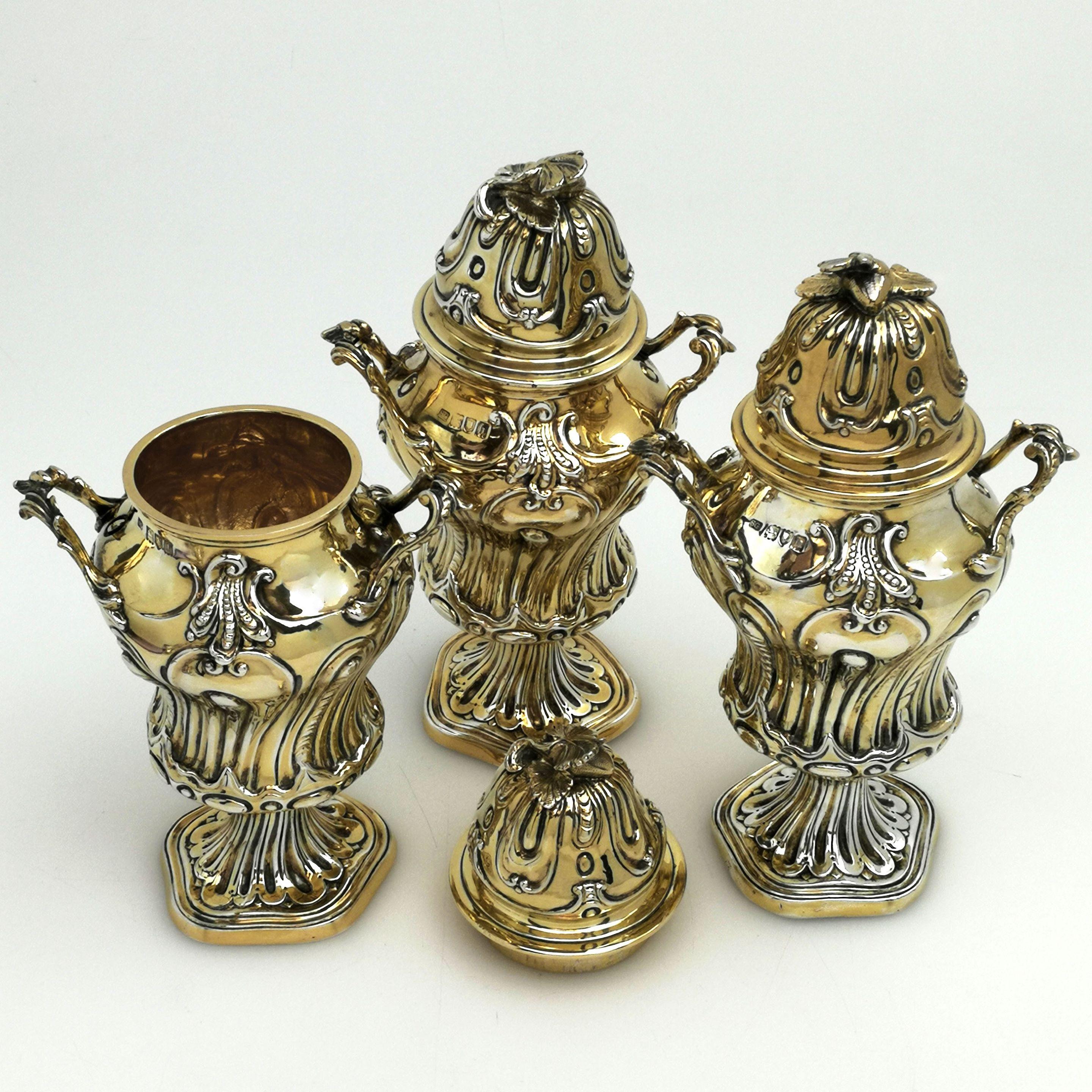 English Set of 3 Antique Silver Gilt Tea Caddies 1903-1906 Boxes For Sale