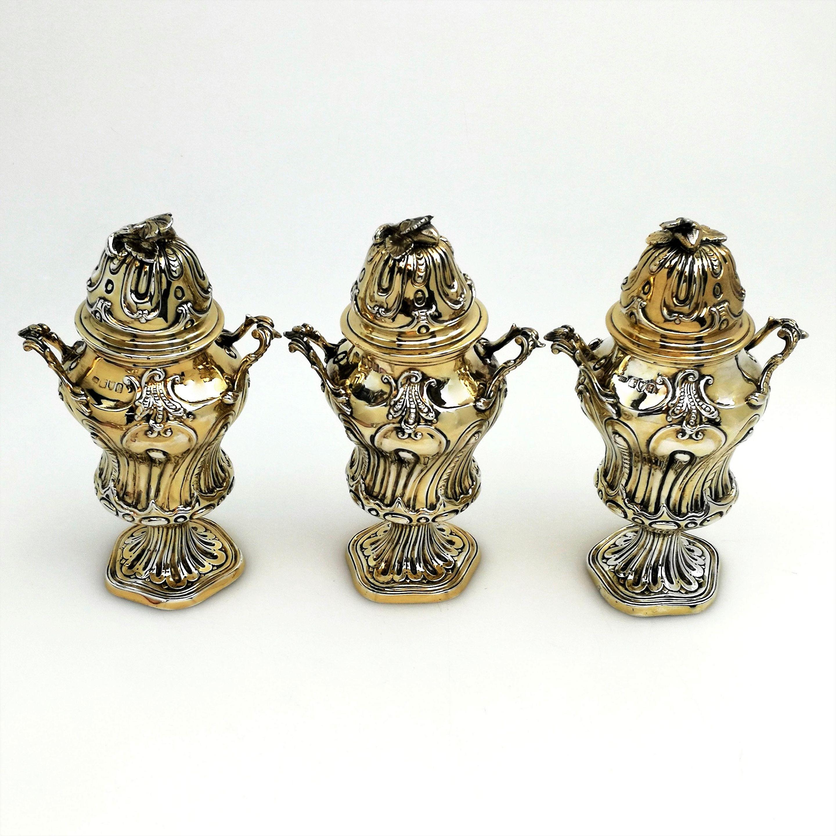 Set of 3 Antique Silver Gilt Tea Caddies 1903-1906 Boxes In Good Condition For Sale In London, GB