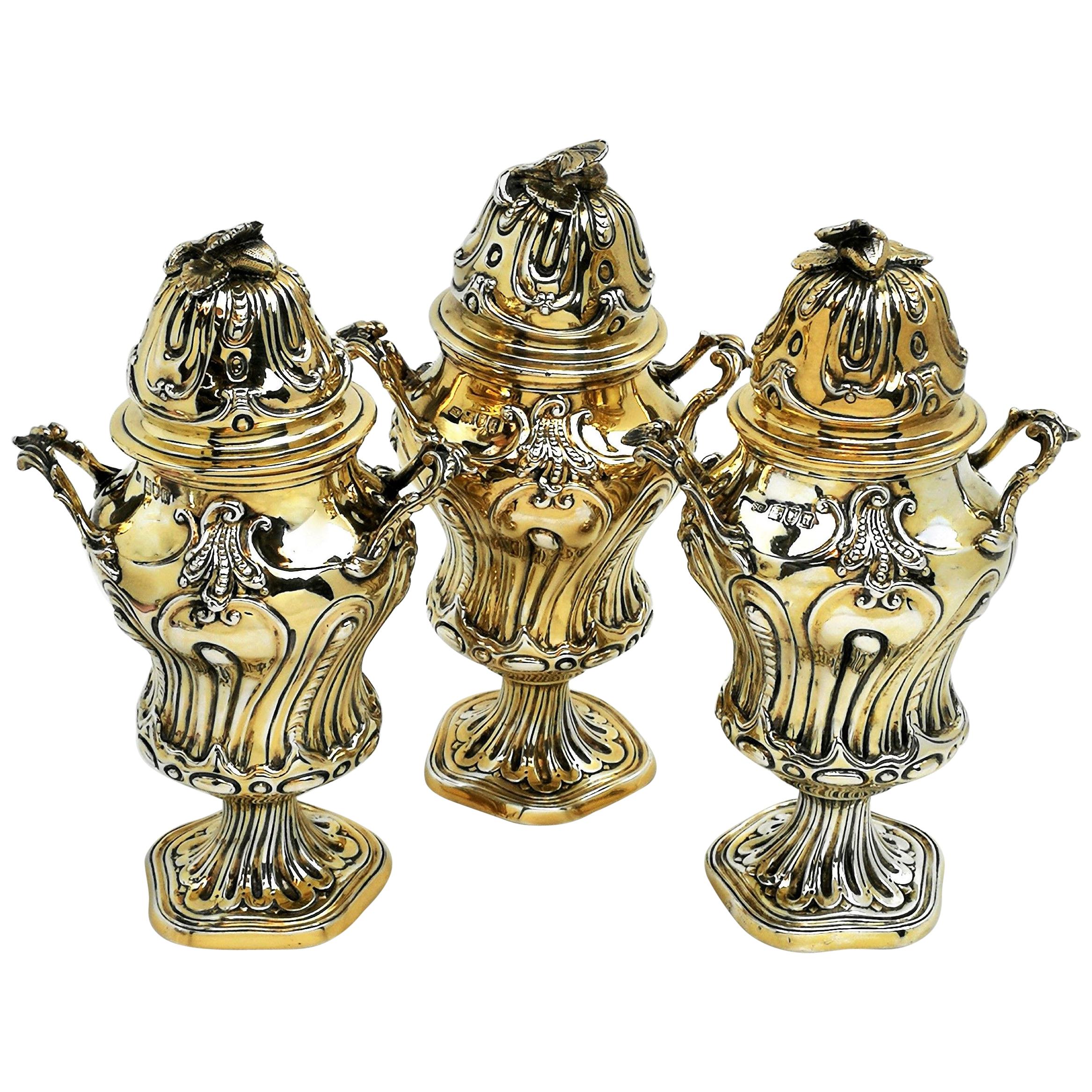 Set von 3 antiken, vergoldeten Teedosen aus Silber 1903-1906 Boxen im Angebot