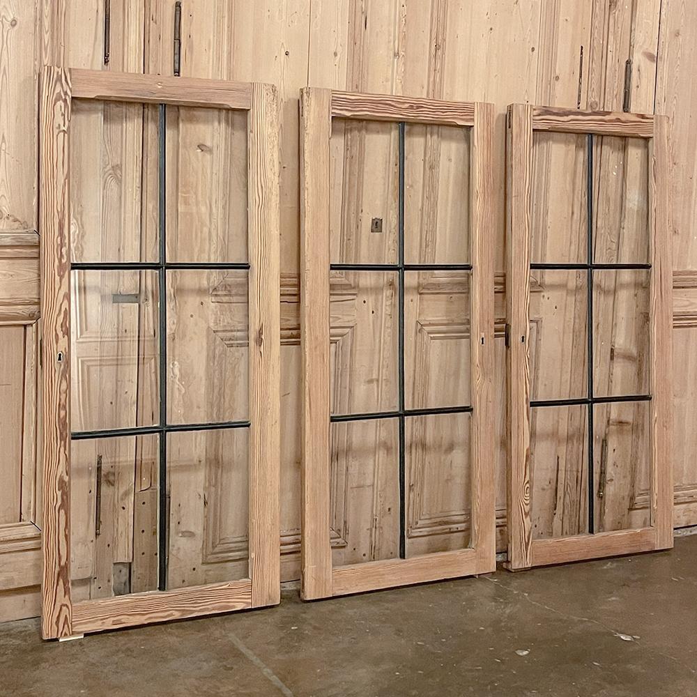 Rustic Set of 3 Antique Solid Pine Windows with Hand-Rolled Glass For Sale