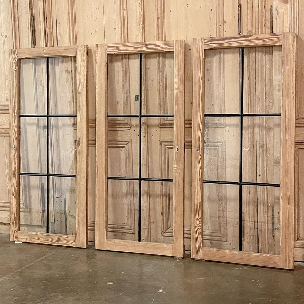 French Set of 3 Antique Solid Pine Windows with Hand-Rolled Glass For Sale