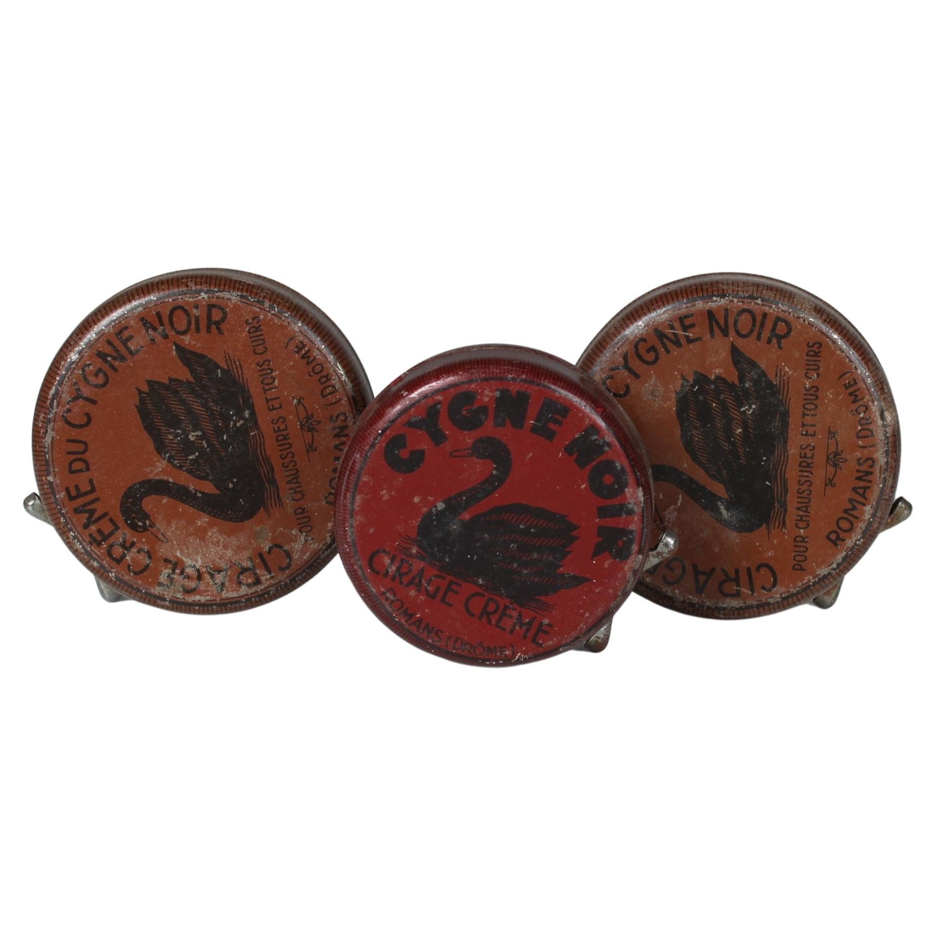 Set Of 3 Antique Tin Cans from France, Shoe Polish, Art Deco, 1930, Cygne Noir For Sale