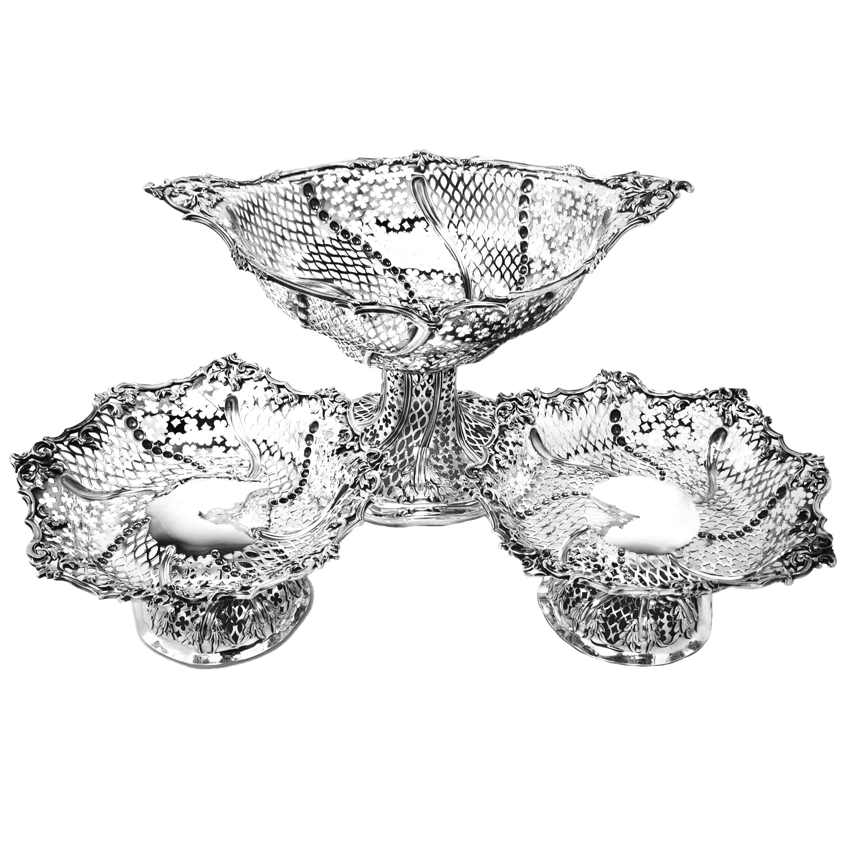 English Set of 3 Antique Victorian Silver Baskets / Comports London 1862 For Sale