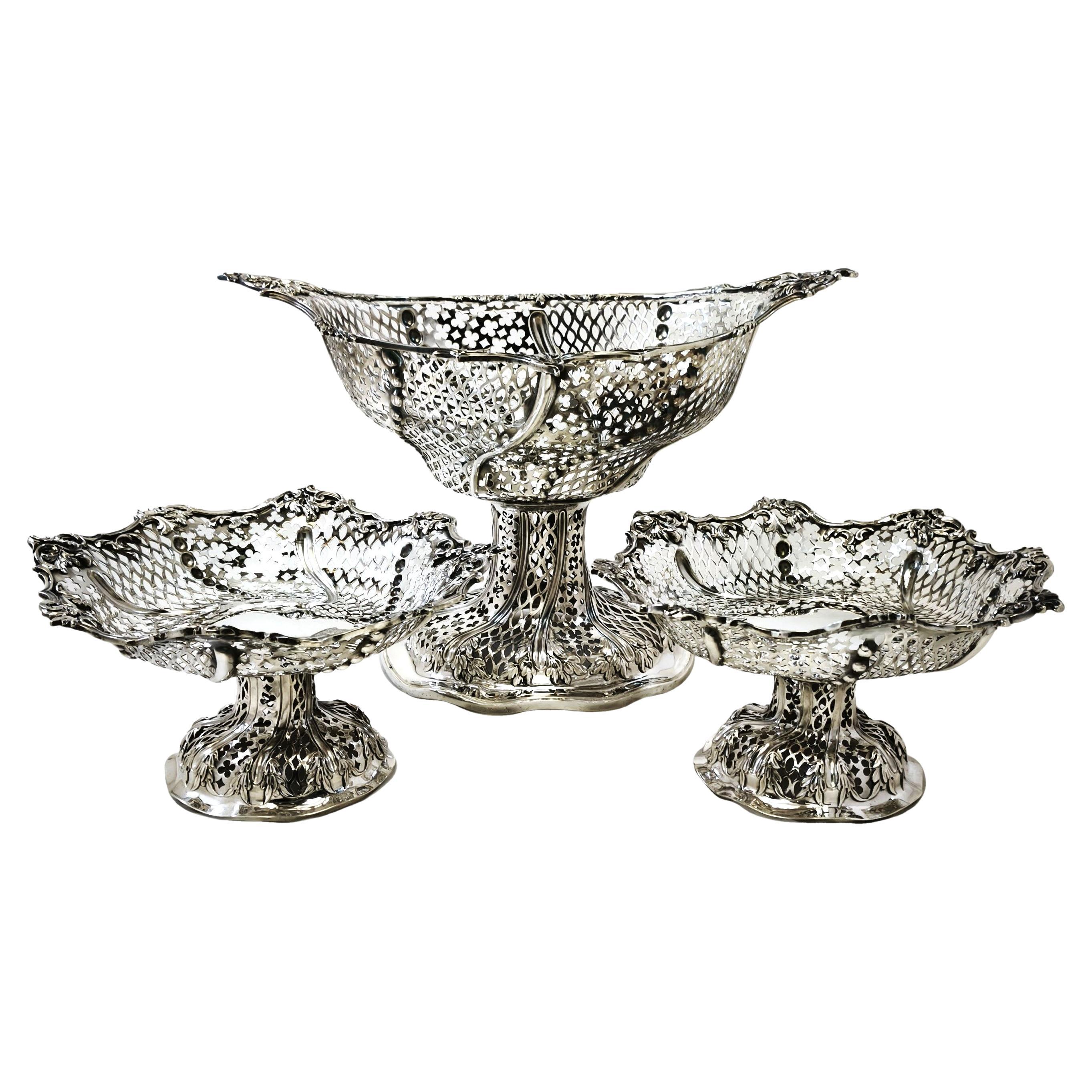 Set of 3 Antique Victorian Silver Baskets / Comports London 1862 For Sale