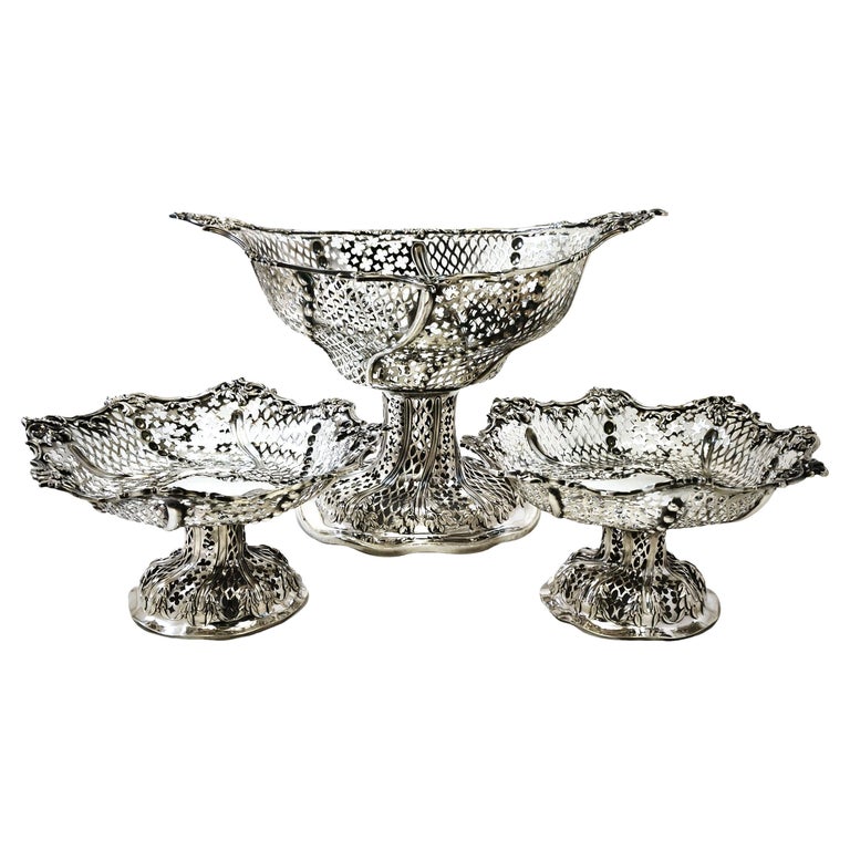 Set of 3 Antique Victorian Silver Baskets / Comports London 1862