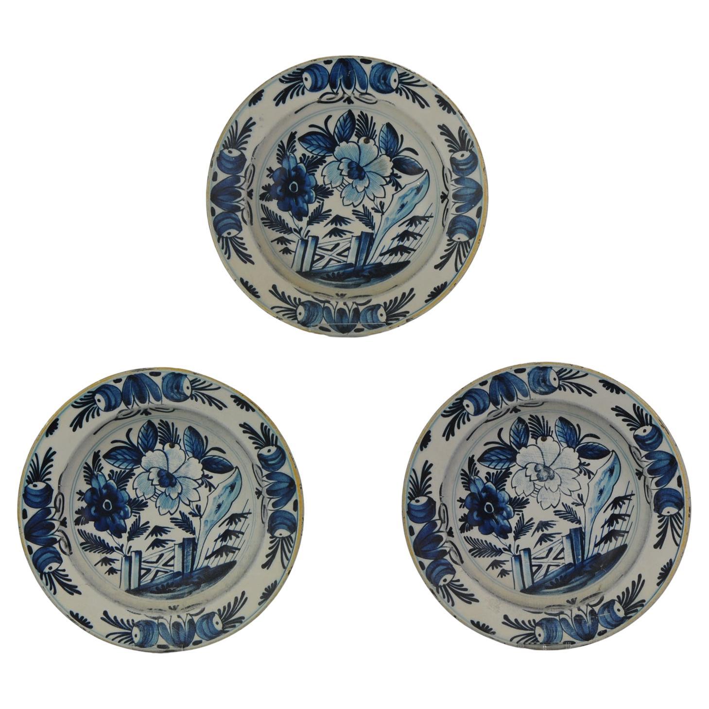 Set of 3 Antique/Vintage Dutch Delft Plate Tin/Metal Delftware Delft Blue, 20thC