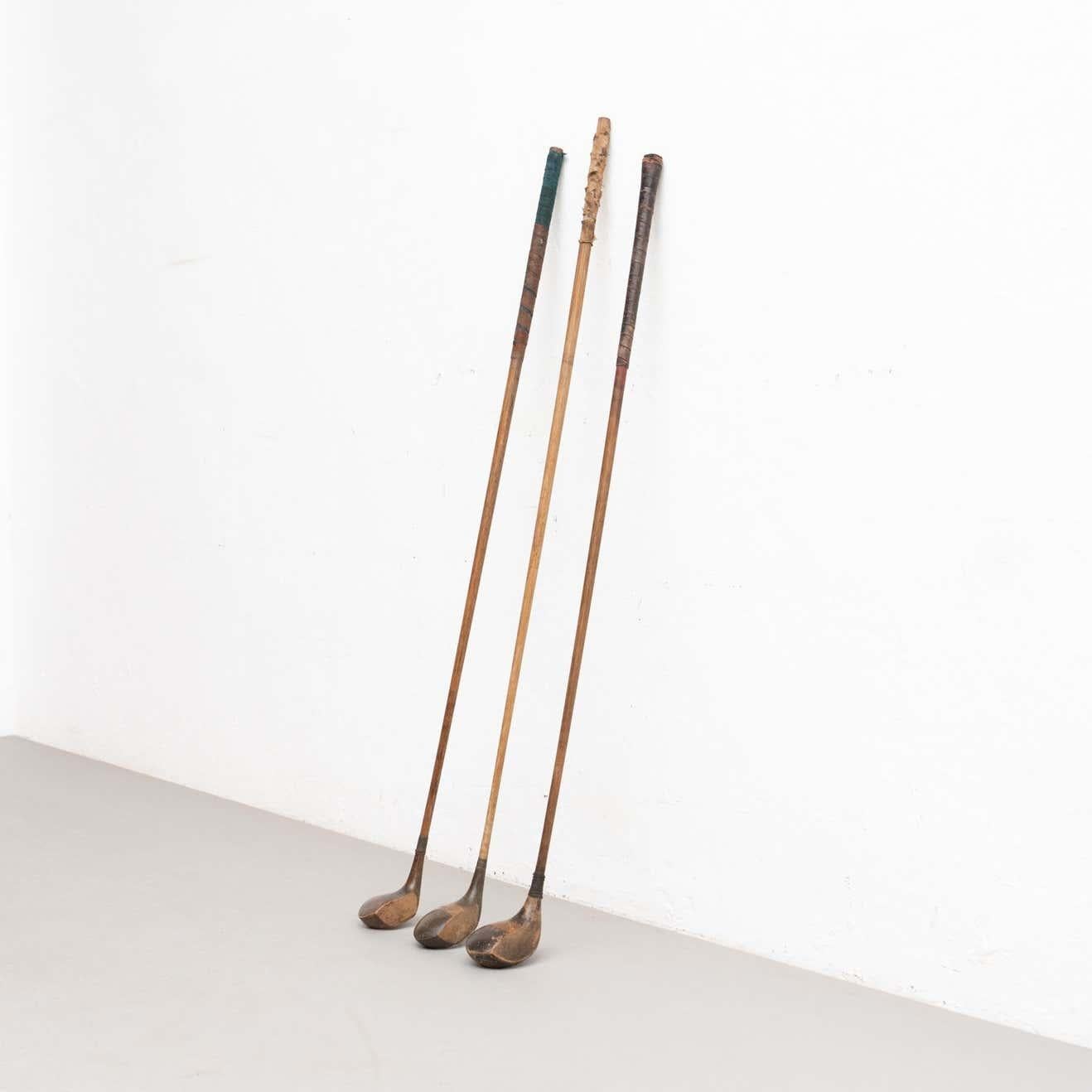 Mid-Century Modern Set of 3 Antique Wood Golf Clubs, circa 1930 For Sale
