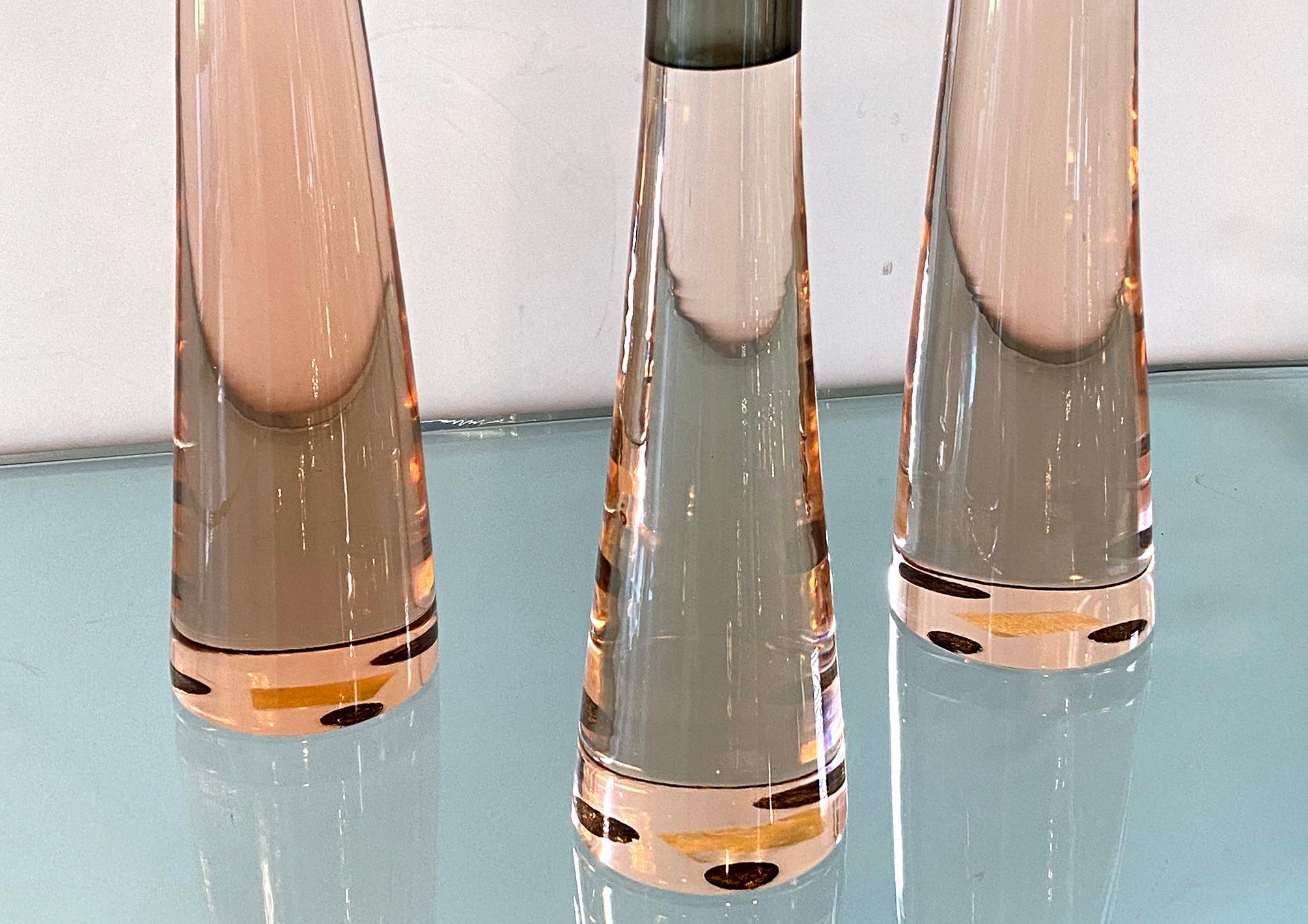 Set of 3 Antonio Da Ros for Cenedese pink and smoked glass candleholders.