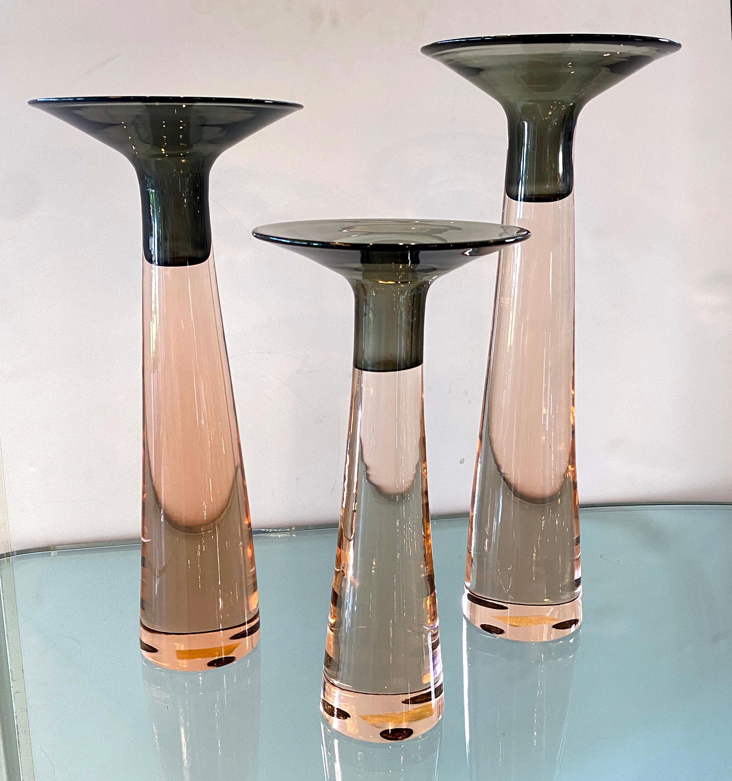 Mid-Century Modern Set of 3 Antonio Da Ros for Cenedese Pink and Smoked Glass Candleholders