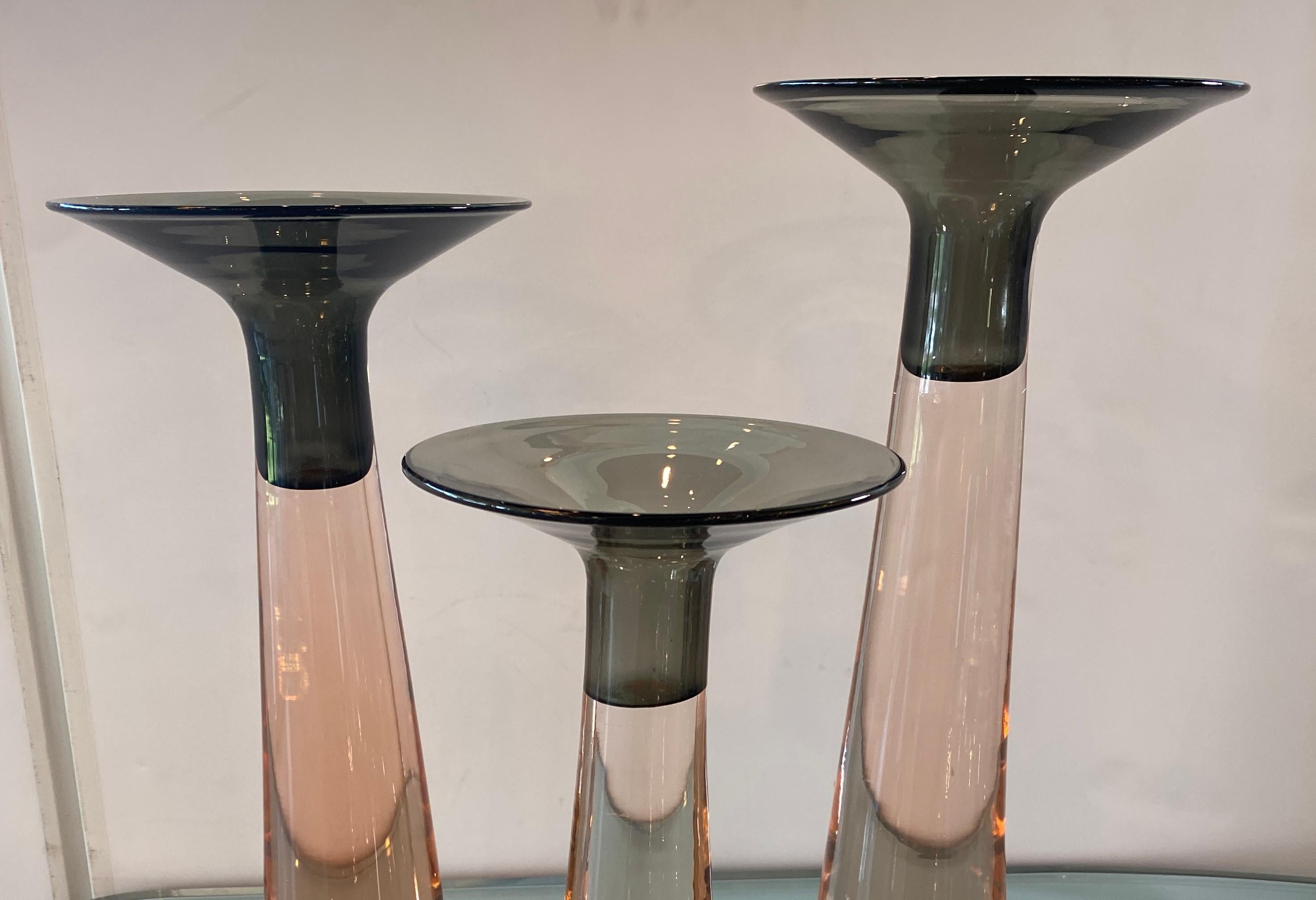 Italian Set of 3 Antonio Da Ros for Cenedese Pink and Smoked Glass Candleholders